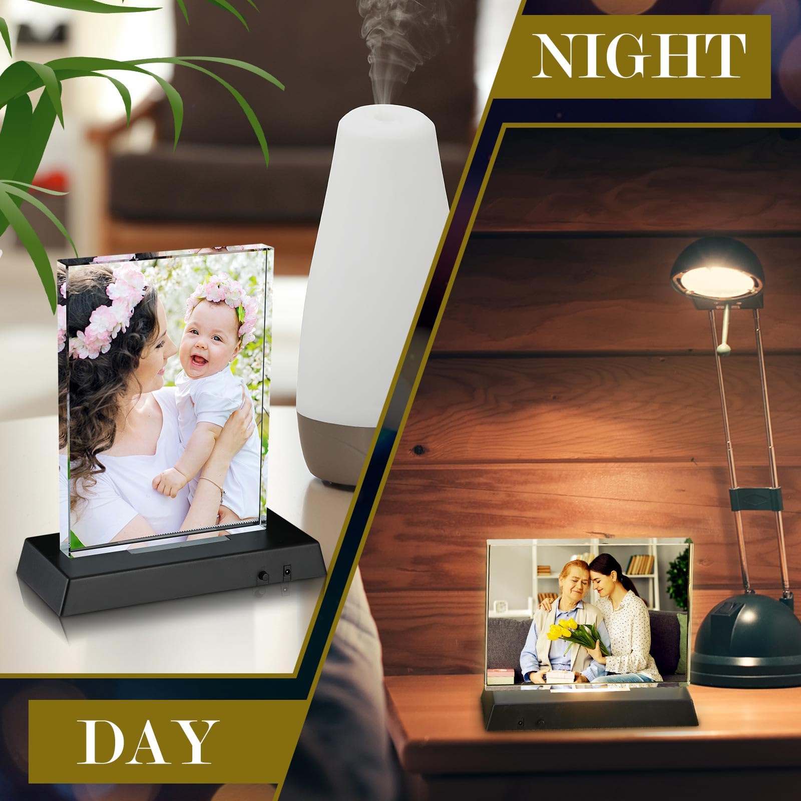 Qunclay 3 Sets Sublimation Blanks Crystal with Colorful LED Base Gifts Tabletop Decor DIY Photo Frame Heat Transfer Picture Fram