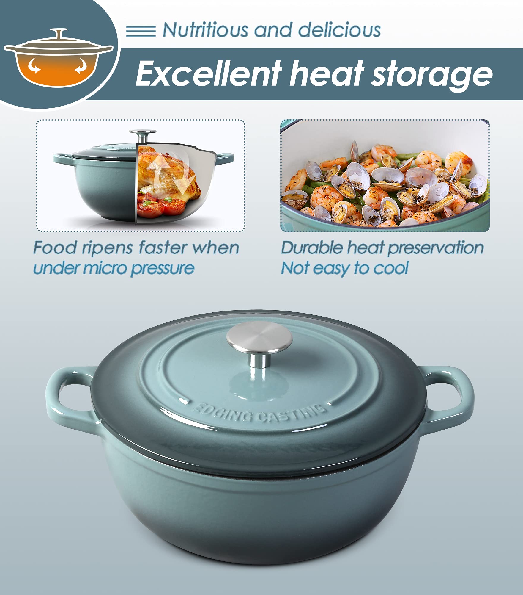 EDGING CASTING Enameled Cast Iron Dutch Oven  5 Quart Enameled Dutch Oven Cookware Pot  Suitable For Bread Baking  Ideal for Family  Slateblue