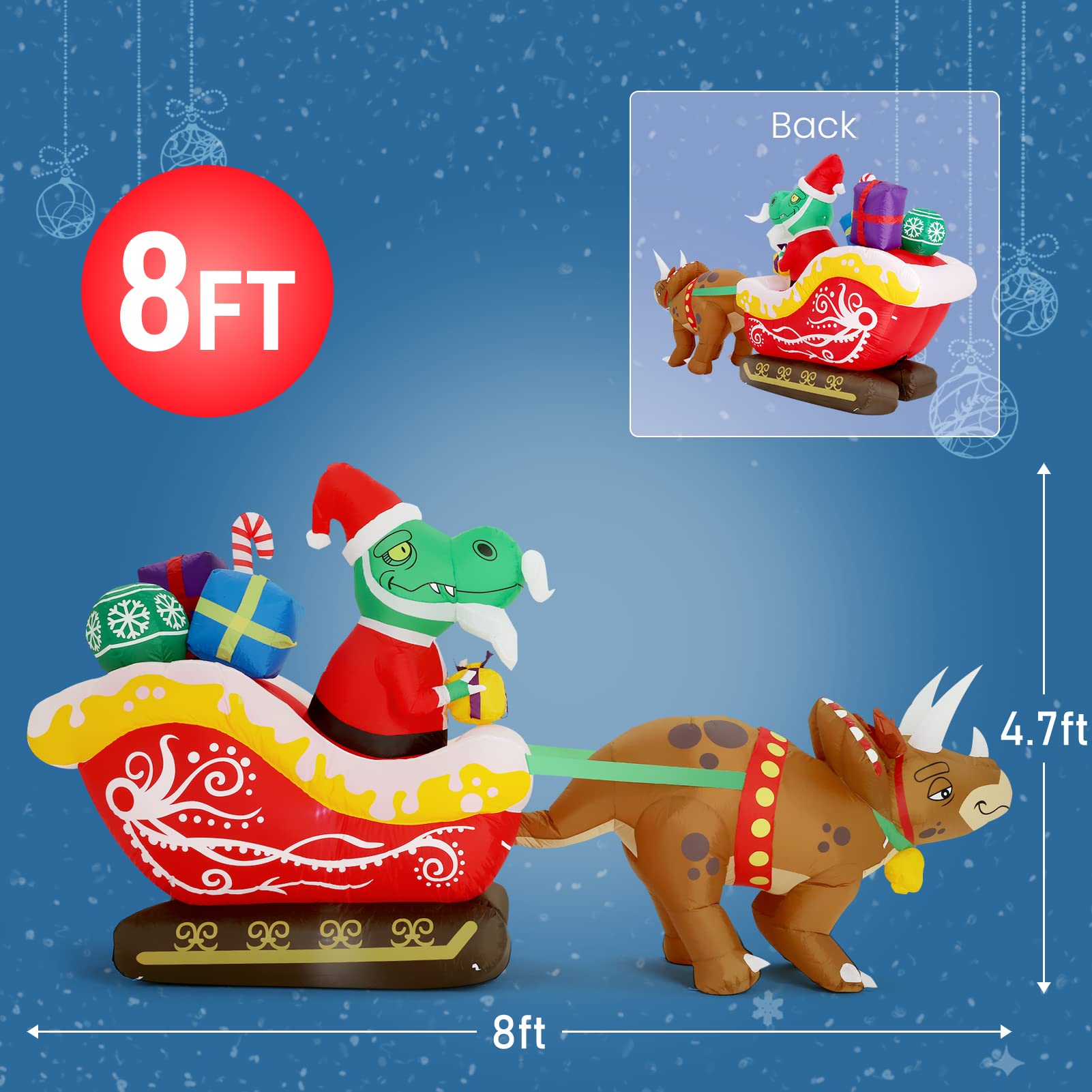 WBHome 10 Ft Long Christmas Inflatable Dinosaur on Sleigh with Triceratops Outdoor Decorations, Xmas Blow Up Yard Decor with Bui