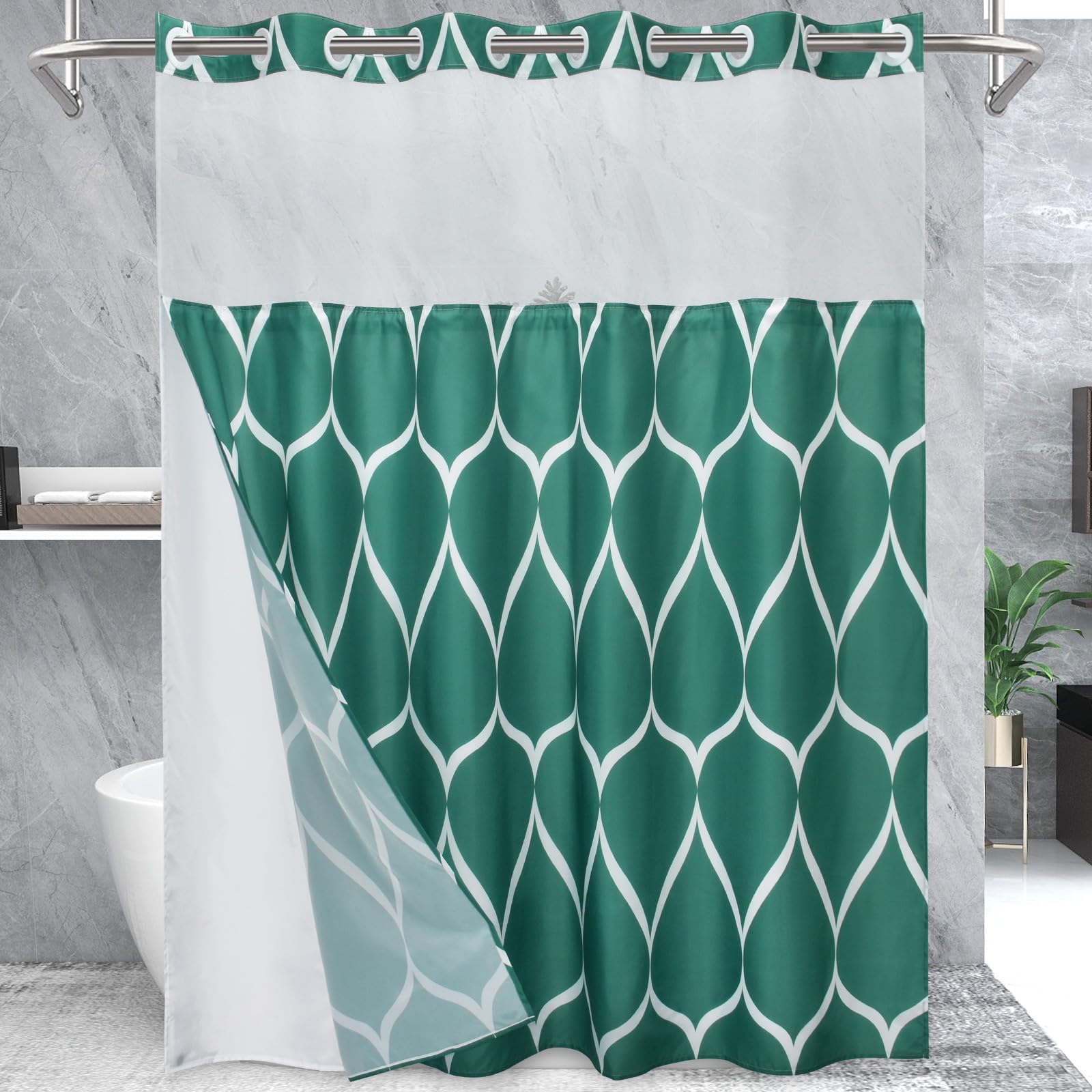 Yiatn No Hook Teal Blue Shower Curtain With Snap In Fabric Liner Set - Hotel Style With See Through Mesh Top Window, Modern Geom