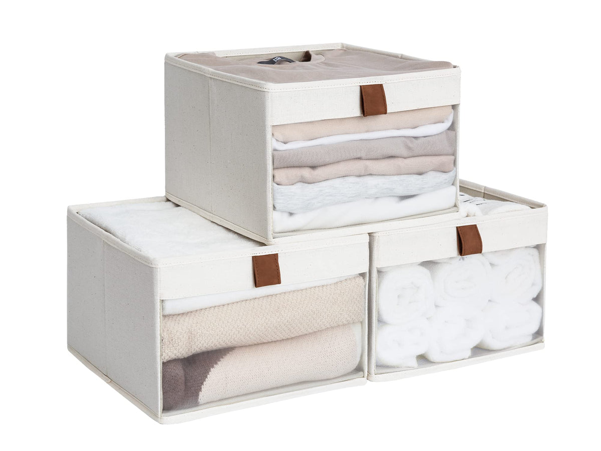 Storageworks Closet Storage Bins With Clear Window And 2 Handles, Foldable Clothing Bins For Shelves, Fabric Organizer, Beige, 3
