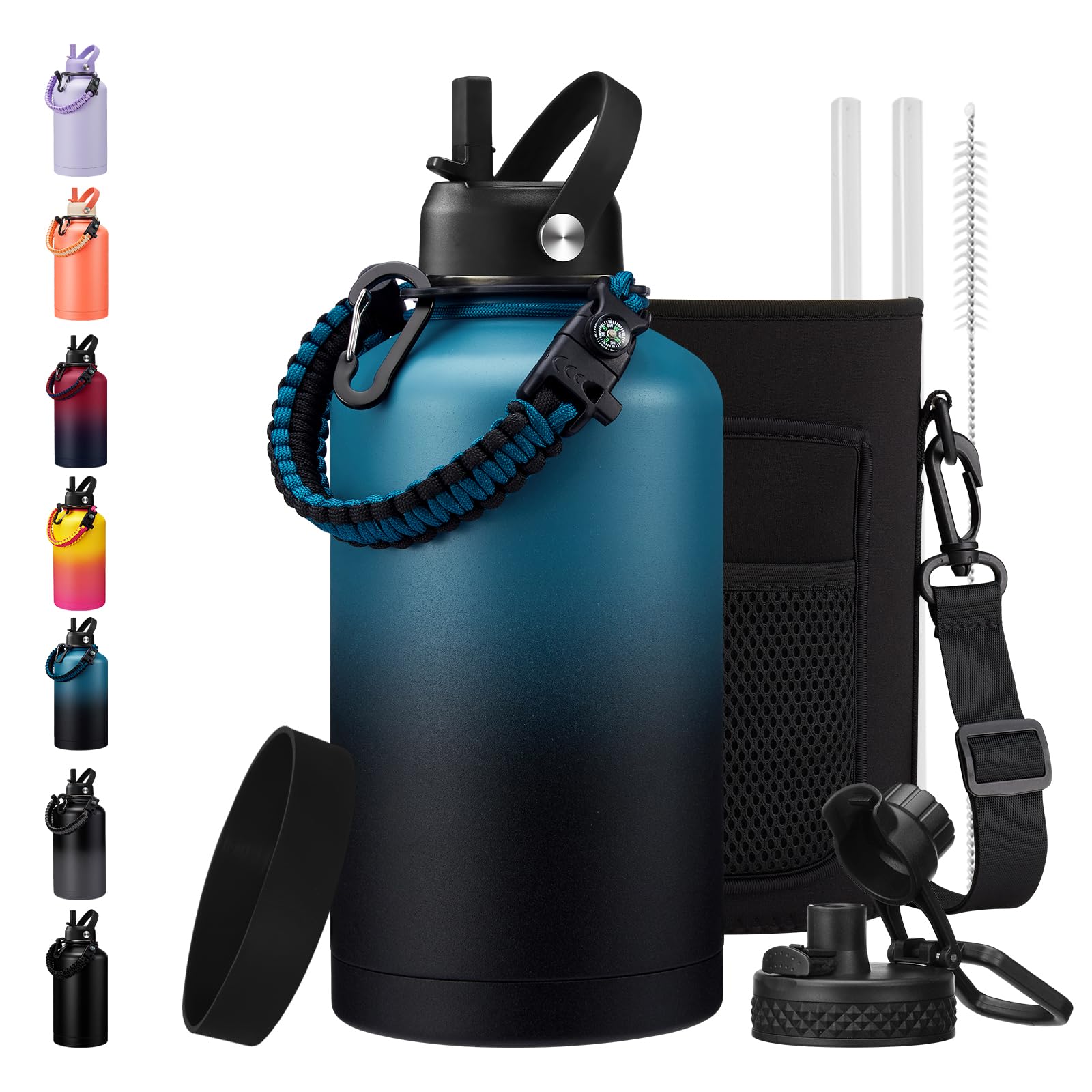 BENZZO 64/128 oz Water Bottles with Straw Auto Spout lid Keep Cold 48h,half gallon Water Jug Insulated with Carrier,Paracord Han