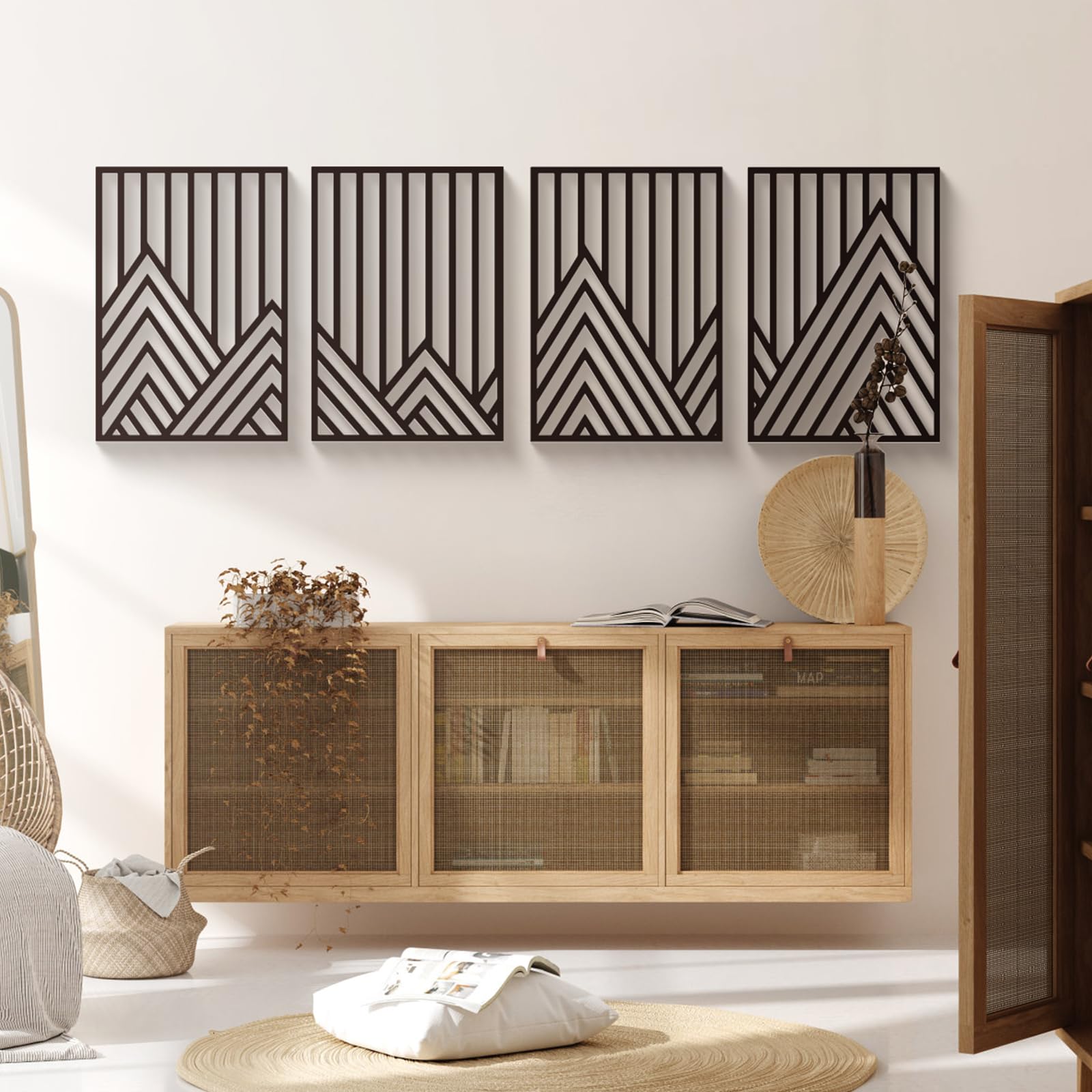 Glamativity Large 4 Pcs Black Abstract Mountain Line Metal Wall Art, 22.5 X 15.7'' Minimalist D  Cor Single Line Art Wall D  Cor