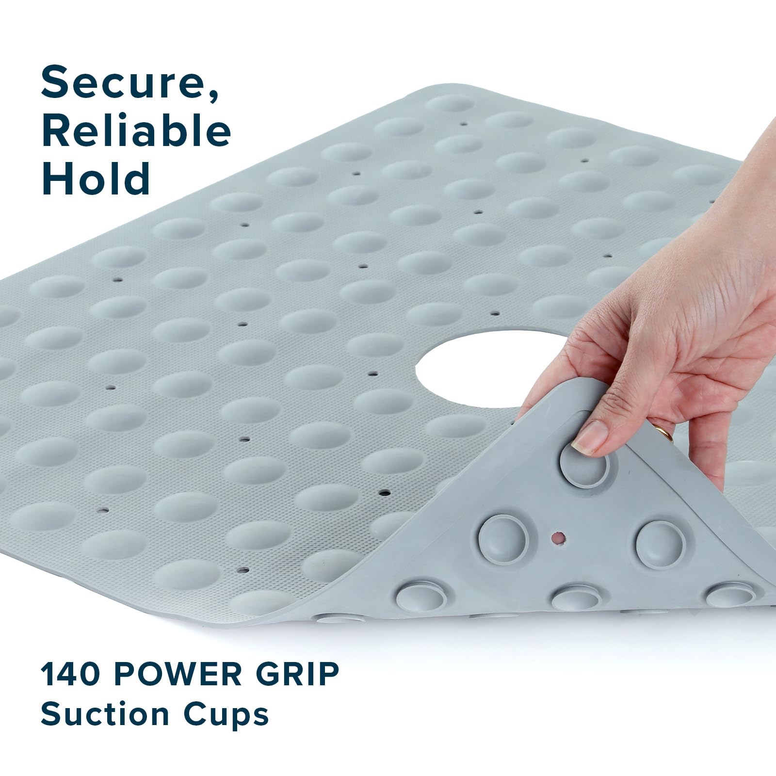 SlipX Solutions Microban-Infused Rubber Shower Mat  21'' x 21''  Anti-Slip Square Bath Mat w/ 140 Power Grip Suction Cups  Gray