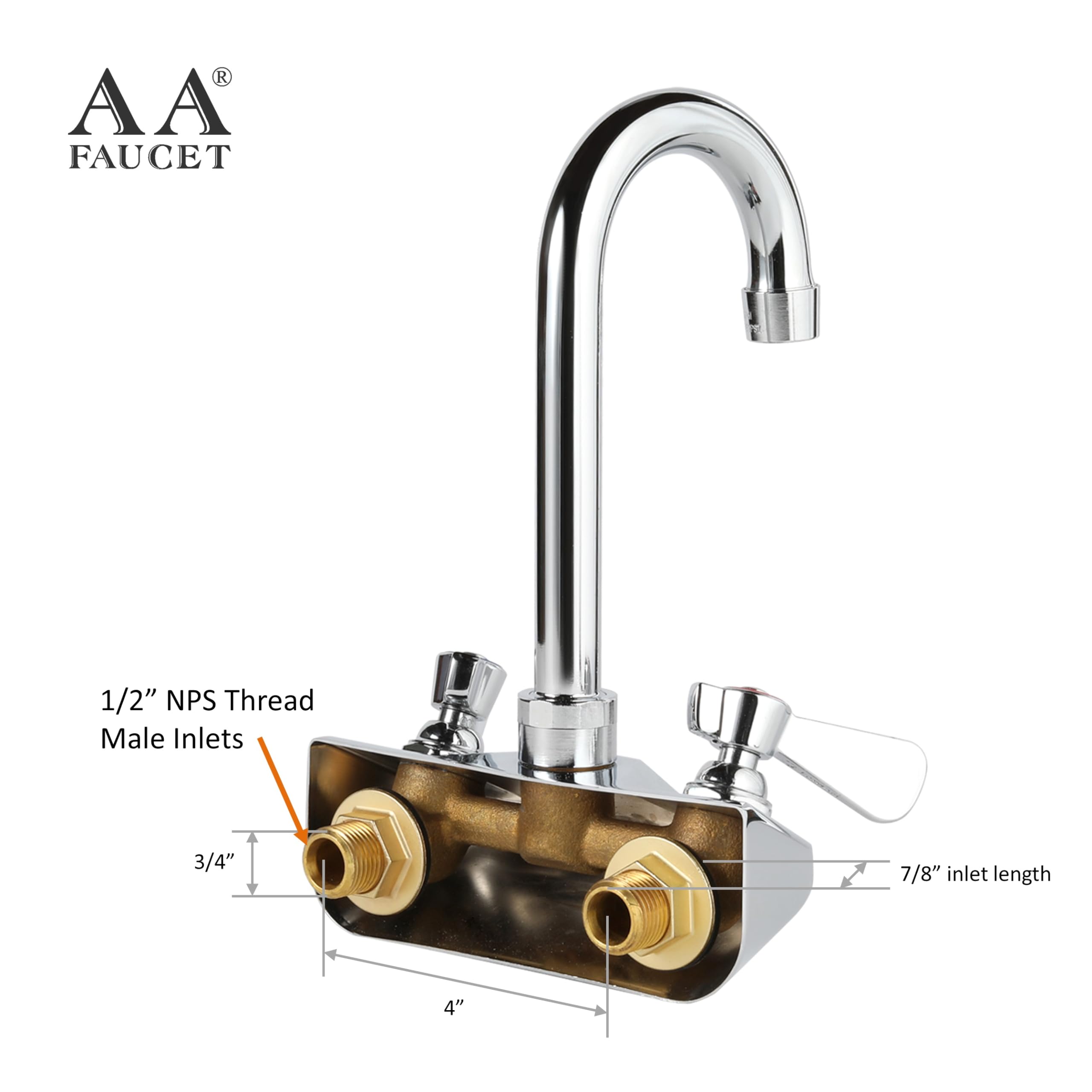 Aa Faucet 4'' Wall Mount Commercial Hand Sink Faucet With 3-1/2'' Gooseneck Spout, Brass Construction Chrome Polished For Restau