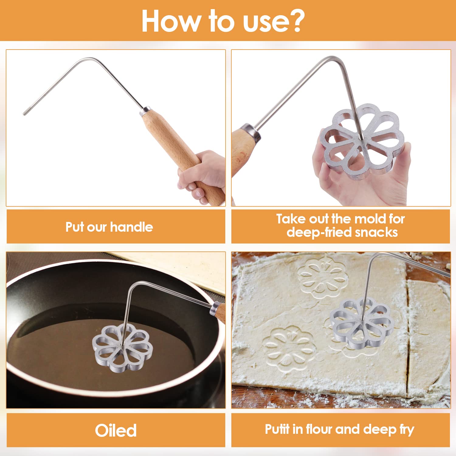 4 Pieces Rosettes Timbale Set, Rosette Iron Set With Handle, Lotus Flower Bunuelos Cookie Maker Mold, Funnel Cake Maker Kit