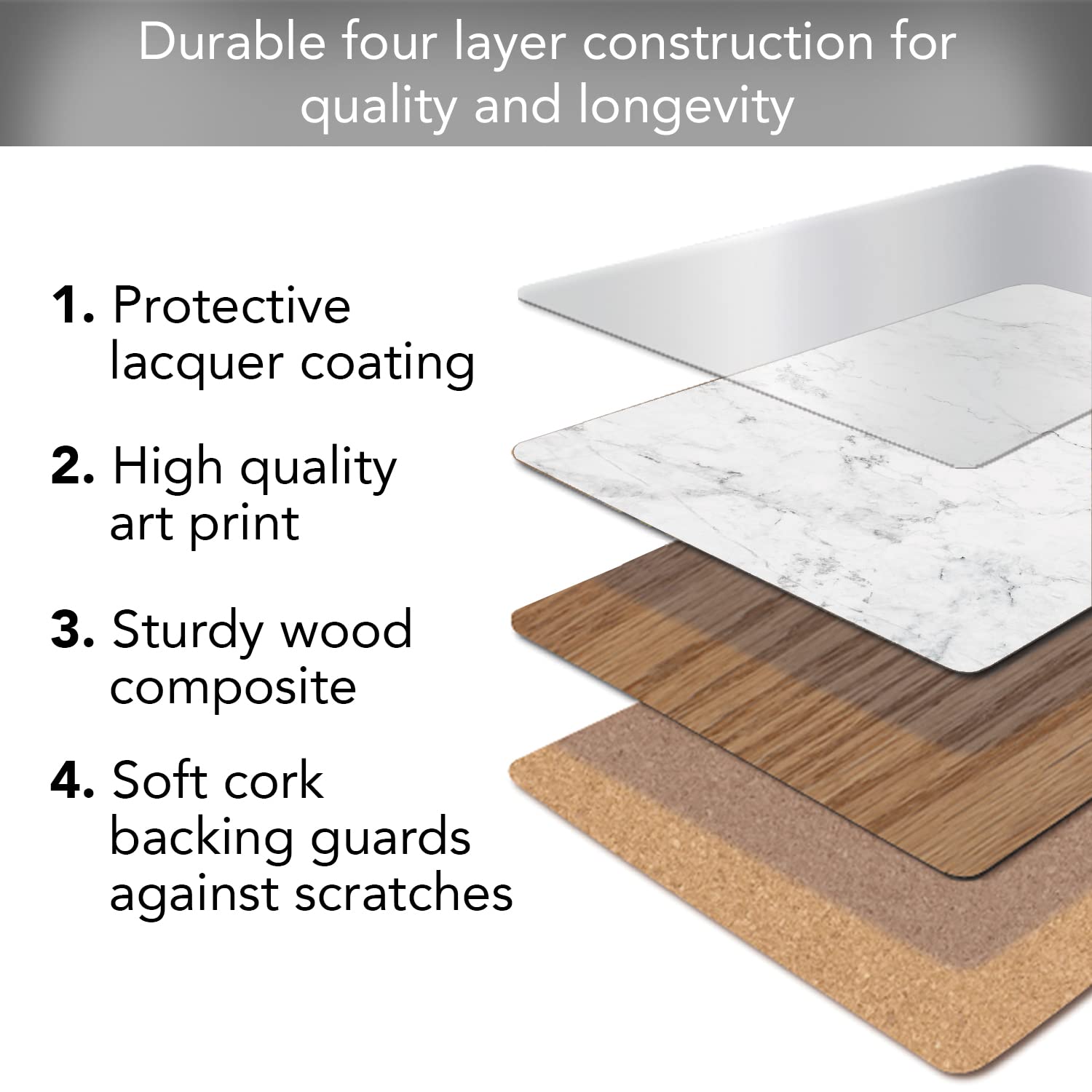 Cala Home White Marble Design Decorative Hardboard Cork Back Tabletop Placemats 4 Pack Manufactured In The Usa Heat Tolerant And