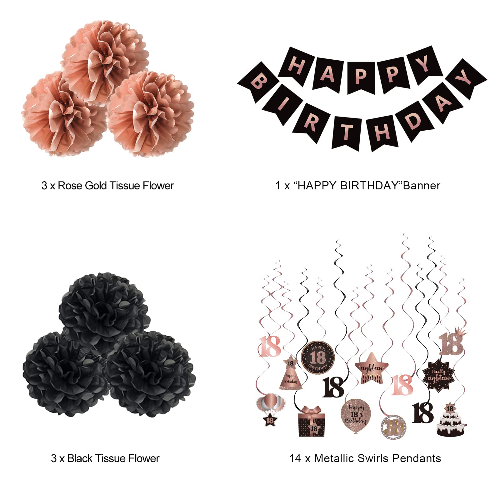 Brt Bearingshui Happy 18Th Birthday Hanging Swirls Streamers Decoration Set, Happy Birthday Banner With Tissue Pompoms, Rose Gol