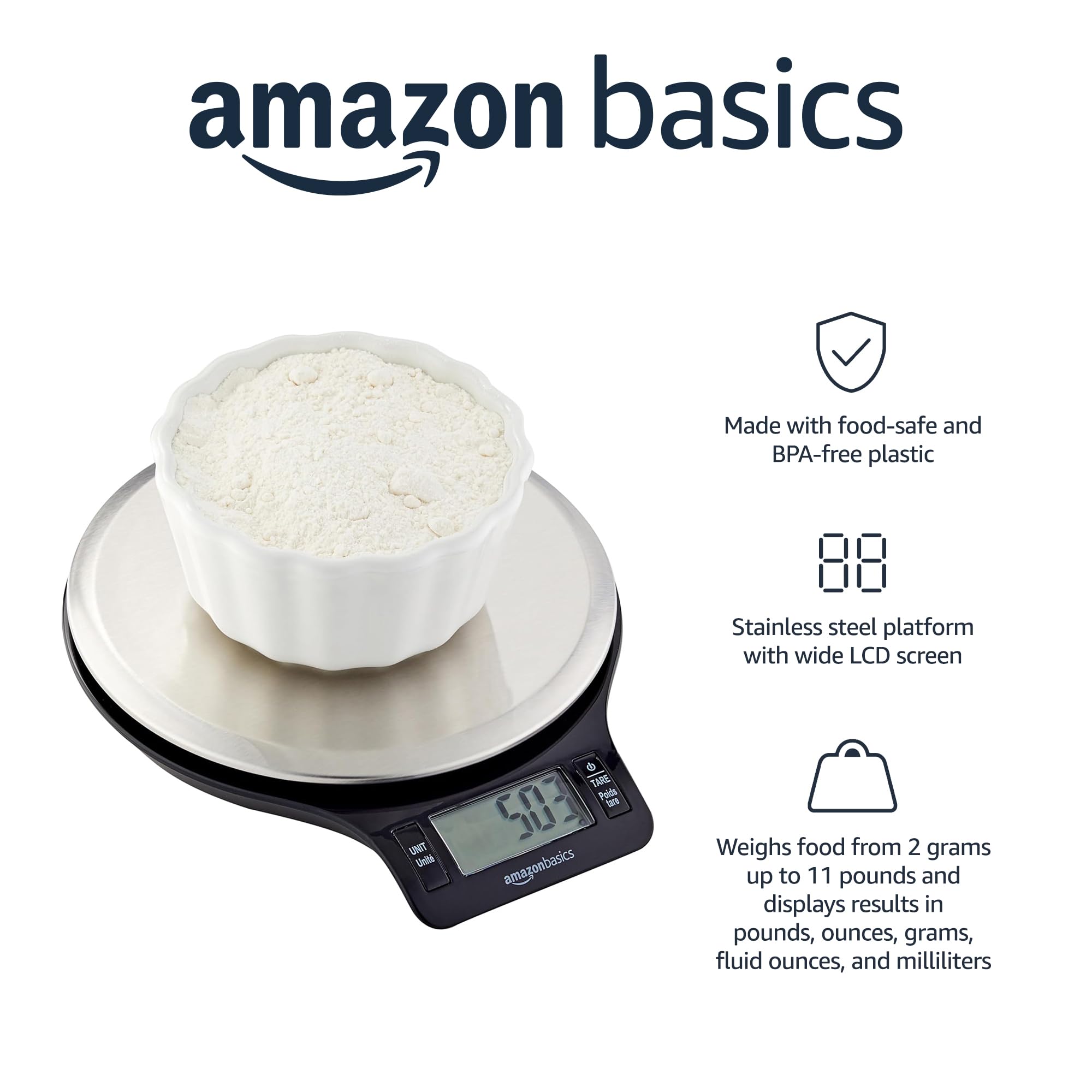 Amazon Basics Digital Kitchen Scale With Lcd Display, Batteries Included, Weighs Up To 11 Pounds, Black And Stainless Steel
