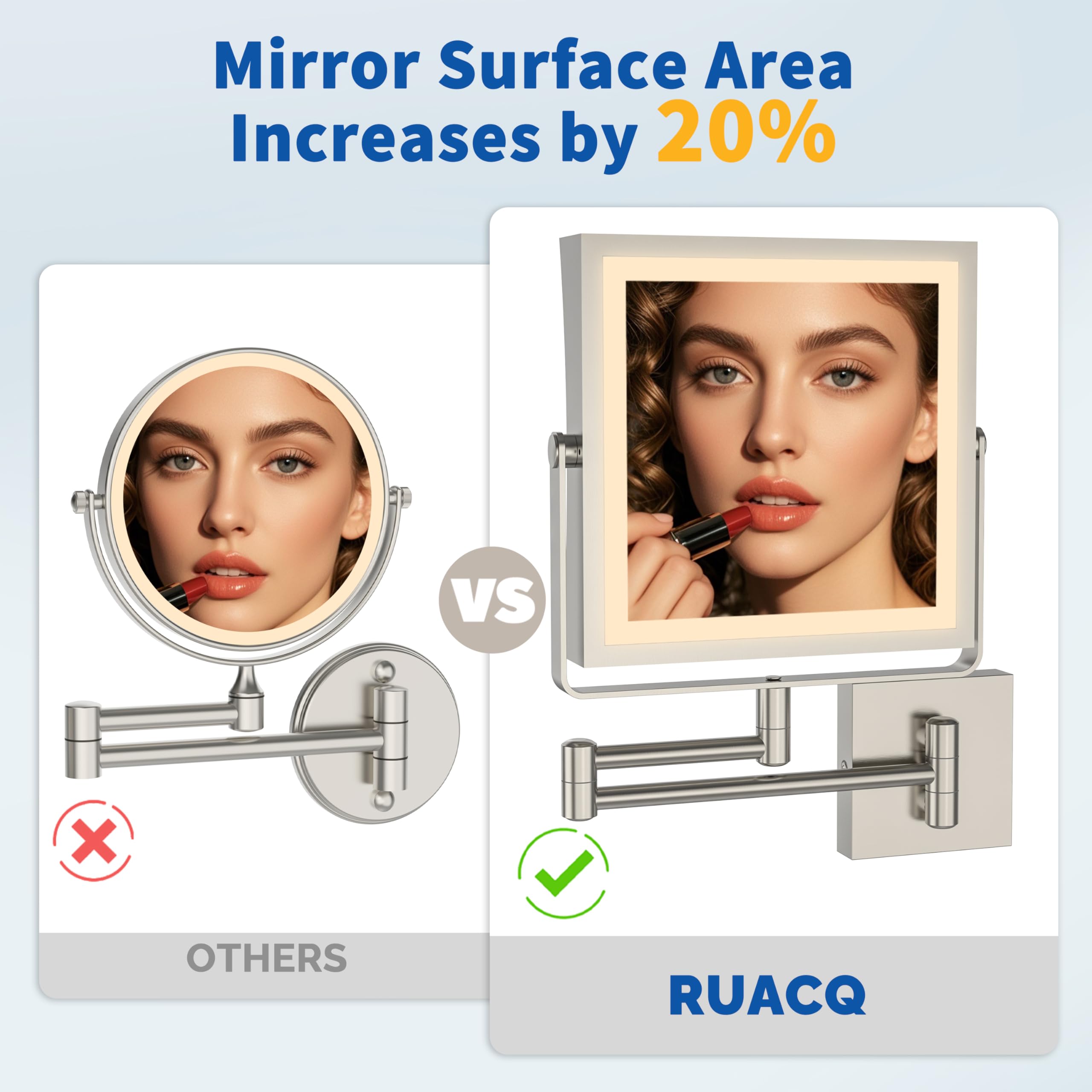 Ruacq Rechargeable Wall Mounted Makeup Mirror With Lights, Double Sided 1X/10X Magnifying Vanity Mirror With 3 Color Light, Touc