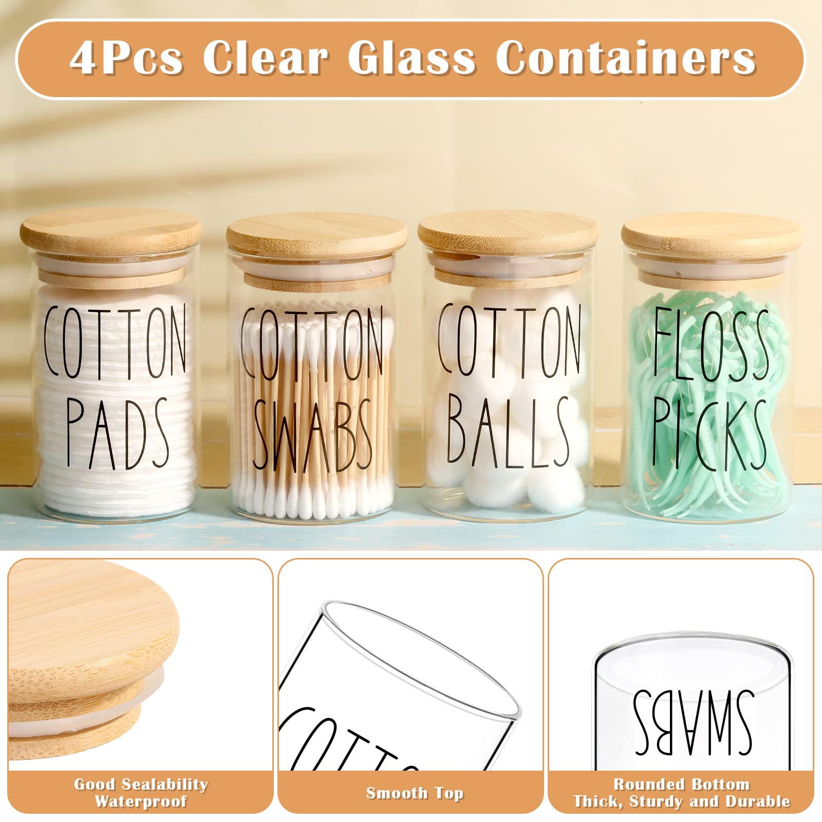 4 Pack Qtip Holder With Lid Set, 10Oz Clear Glass Canister Apothecary Jars Bathroom Organizers And Storage Accessories Vanity Es