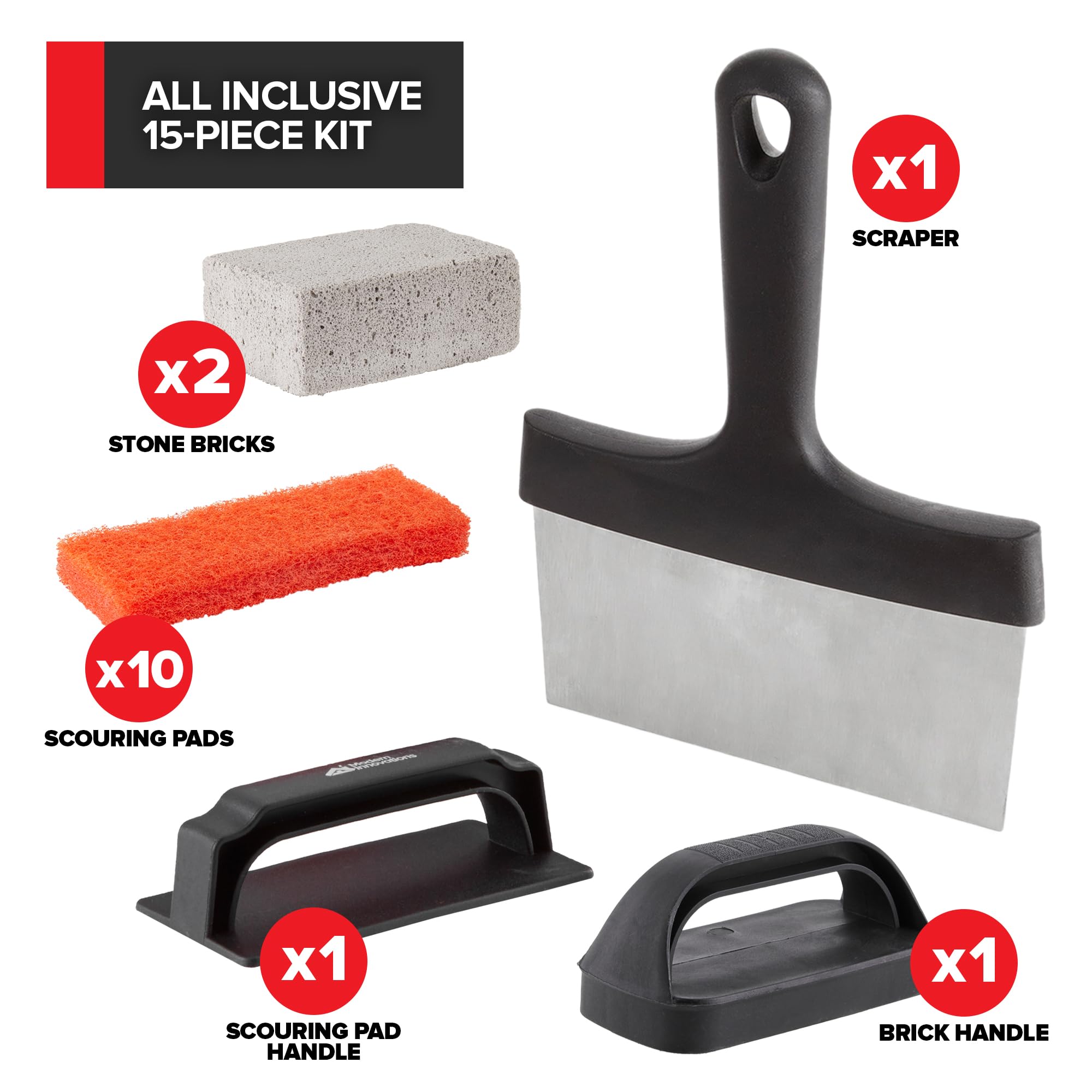15-Piece Griddle Cleaning Kit, 10 Scouring Pads, 2 Grill Stone Bricks, 1 Indoor Grill Scraper, 2 Handles, Griddle Cleaner Kit Fo