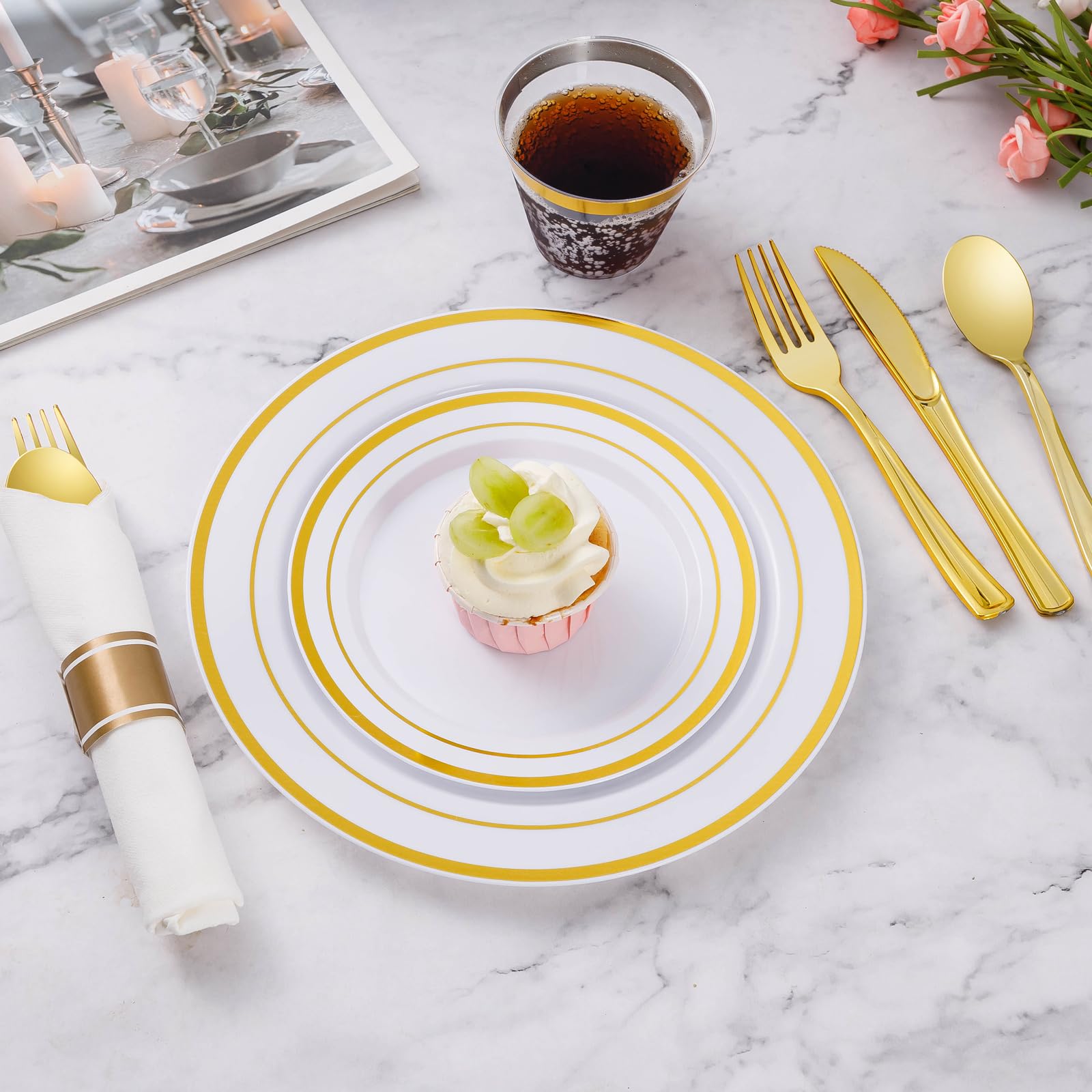 Goodluck 350 Piece Gold Plastic Dinnerware Set For 50 Guests, Fancy Disposable Plates For Party, Include: 50 Dinner Plates, 50 D