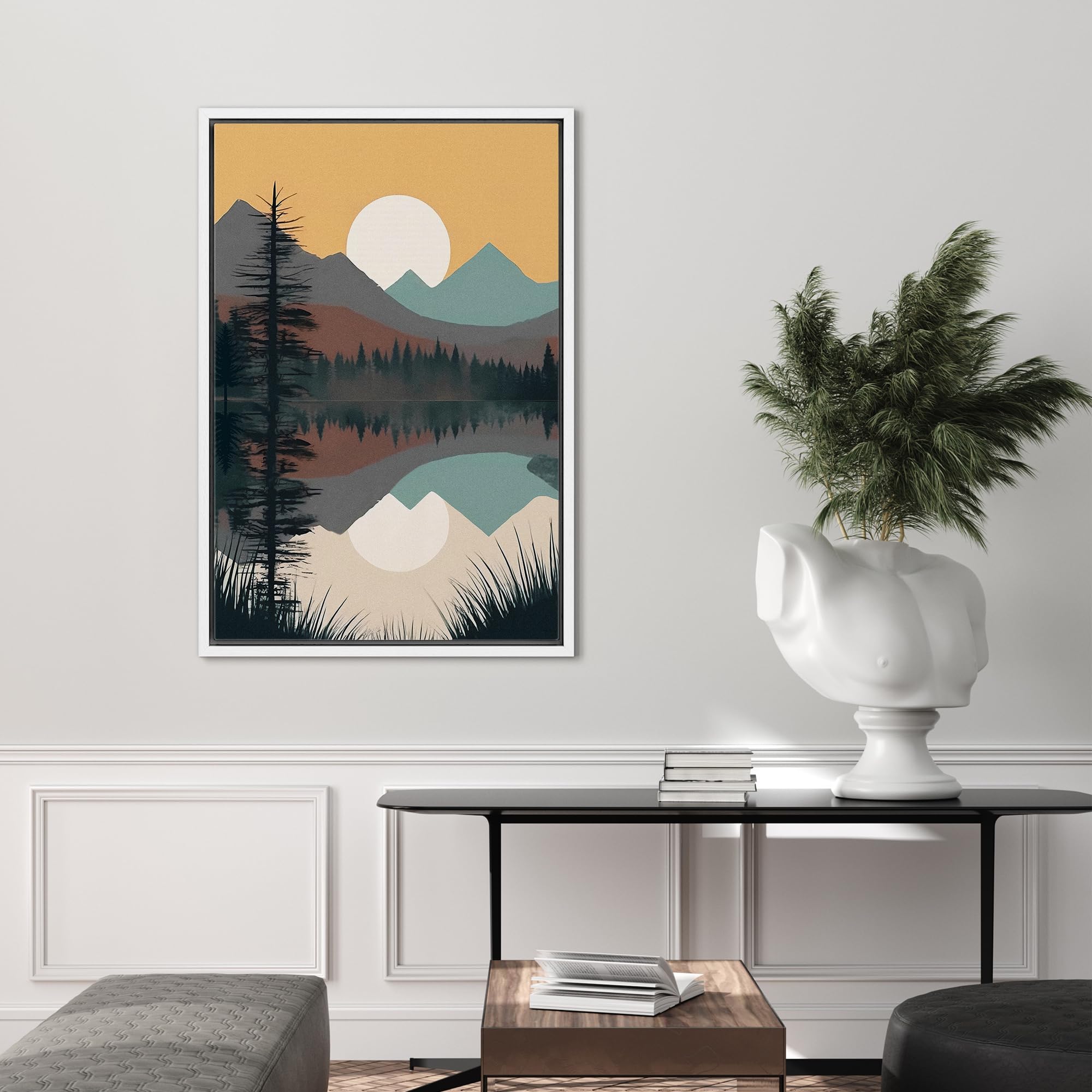 Signford Framed Canvas Print Wall Art Sunset Over Mountain Range Pine Tree Forest Nature Wilderness Illustrations Decorative Boh