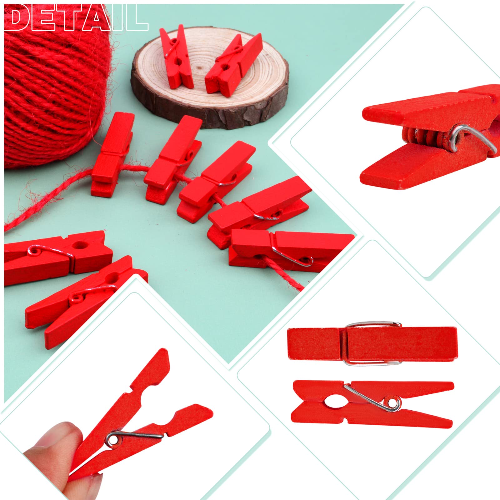 Bronagrand 50 Pieces Red Wooden Clothespins Photo Paper Clips Mini Laundry Peg Pins With 50 Meters Twine For Diy Crafts Christma
