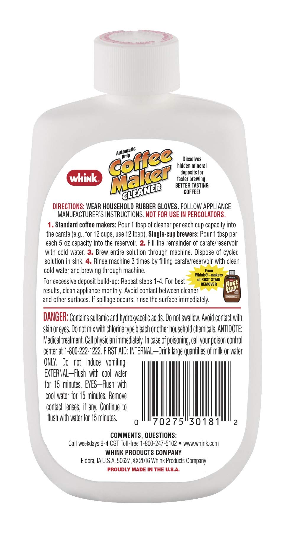 Fungoto Whink Coffee Maker Cleaner - 10 oz, Clear, Model 30281, Solid Formula
