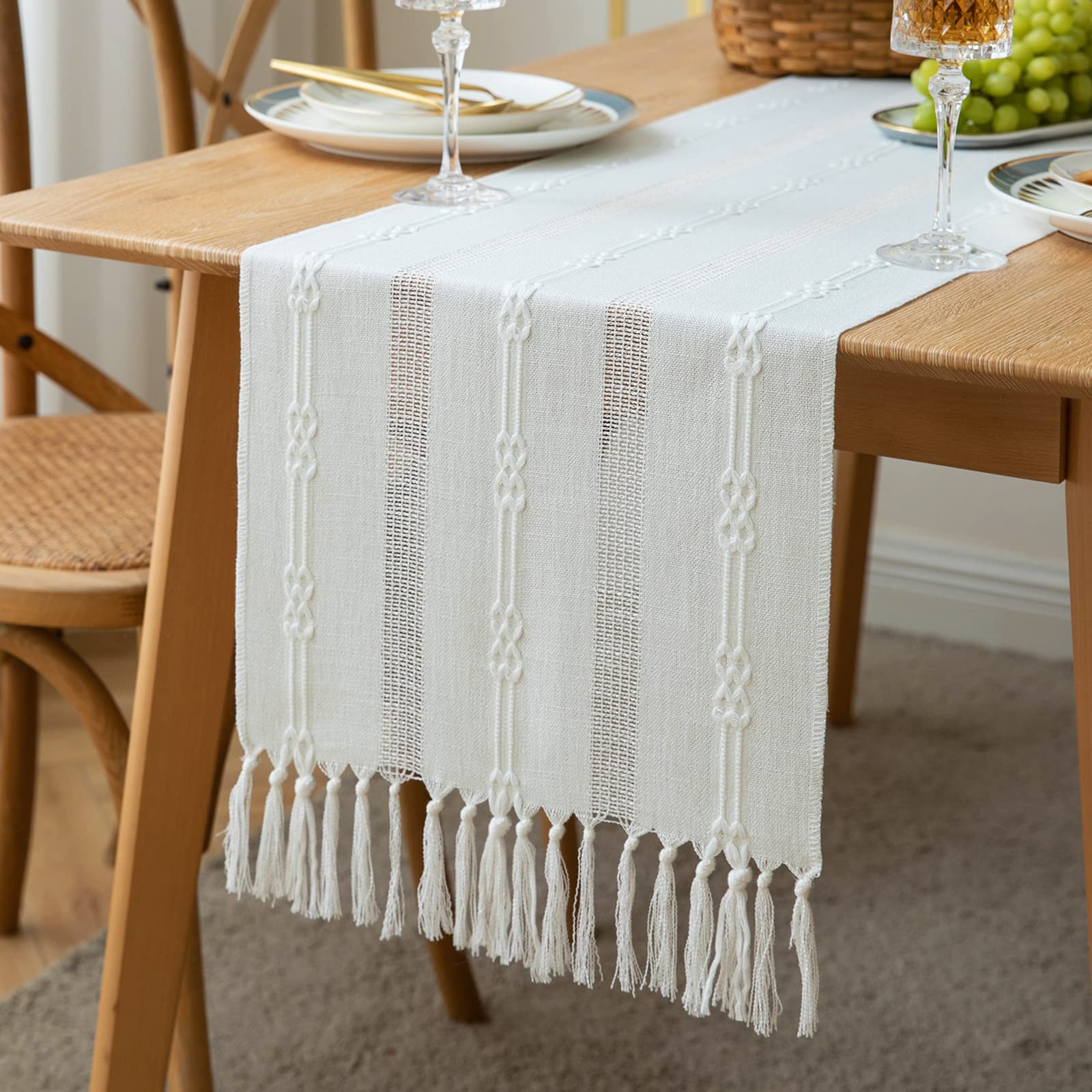 Zeemart Farmhouse Table Runner, Rustic Table Runners 90 Inches Long, Linen Boho Table Runner, Braided Striped White Table Runner