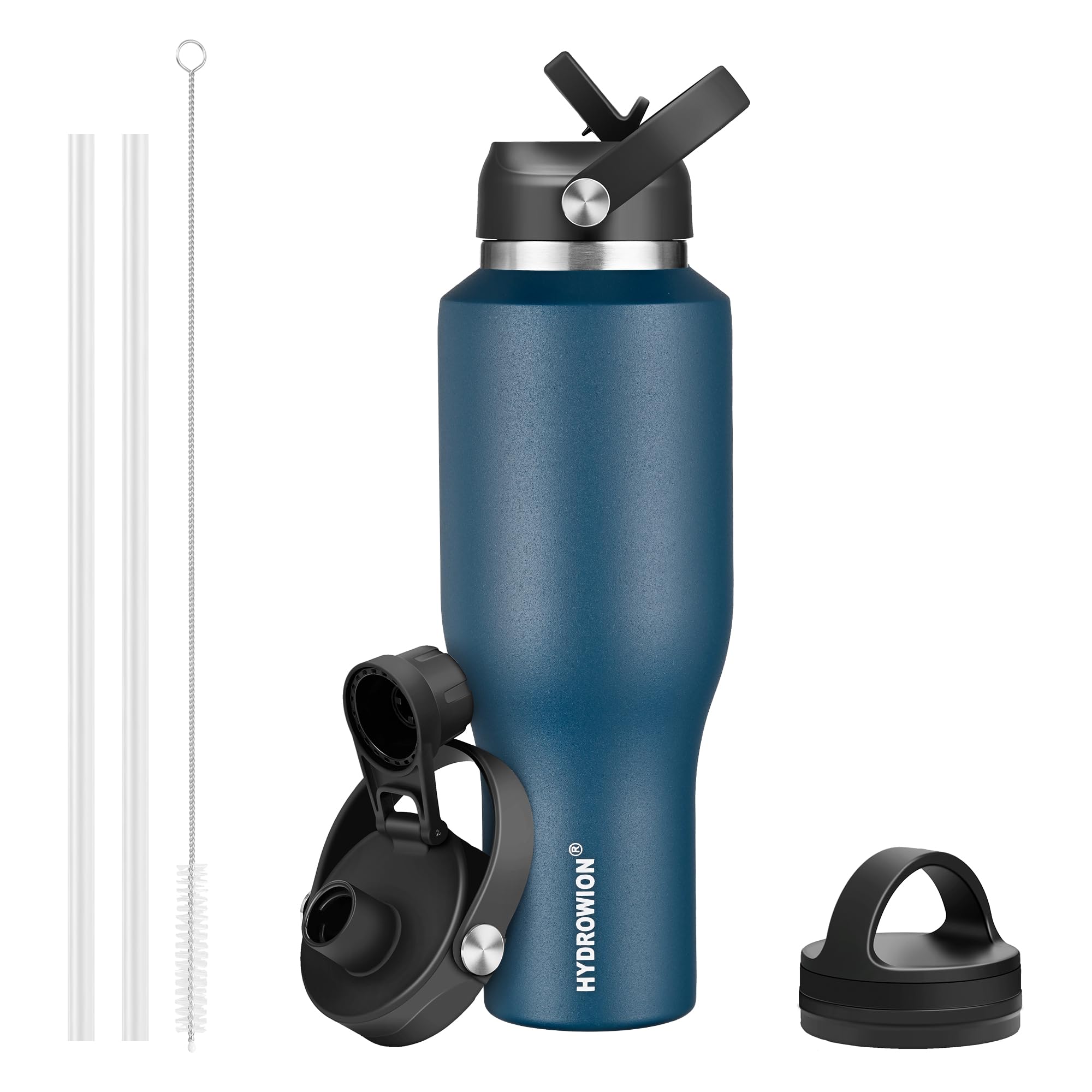 Hydrowion Water Bottles With Straw, 40Oz Insulated Water Bottle Fit In Car Cup Holder, Black Water Bottles With Straw Lid, Spout