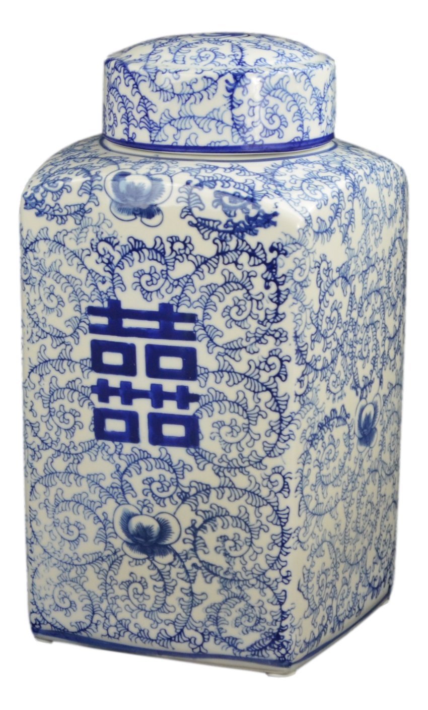 12.5 Classic Blue and White Porcelain Floral Square Jar Vase, China Ming Style, Jingdezhen, Double Happiness