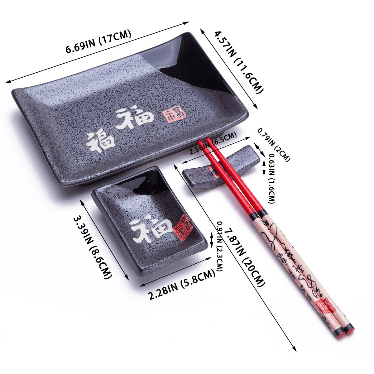 4 Pcs Japanese Sushi Plate Dinnerware Set Black With Chinese Calligraphy ''Fu'' (Fortune) Design