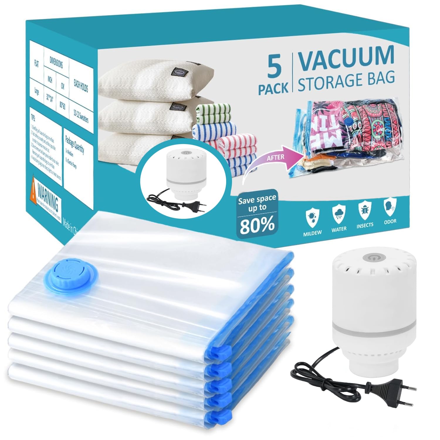 Luxjet 5 Pack Vacuum Storage Bags With Electric Pump, Large Vacuum Seal Bags For Clothing, Comforters, Blankets  Space Saver Co