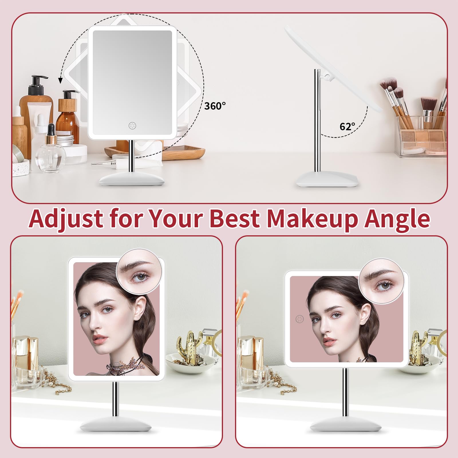 Deschen 2000Mah Rechargeable Makeup Vanity Mirror With Lights, 11.6'' Large Lighted Makeup Mirror With 3 Color Lights And 3.5''