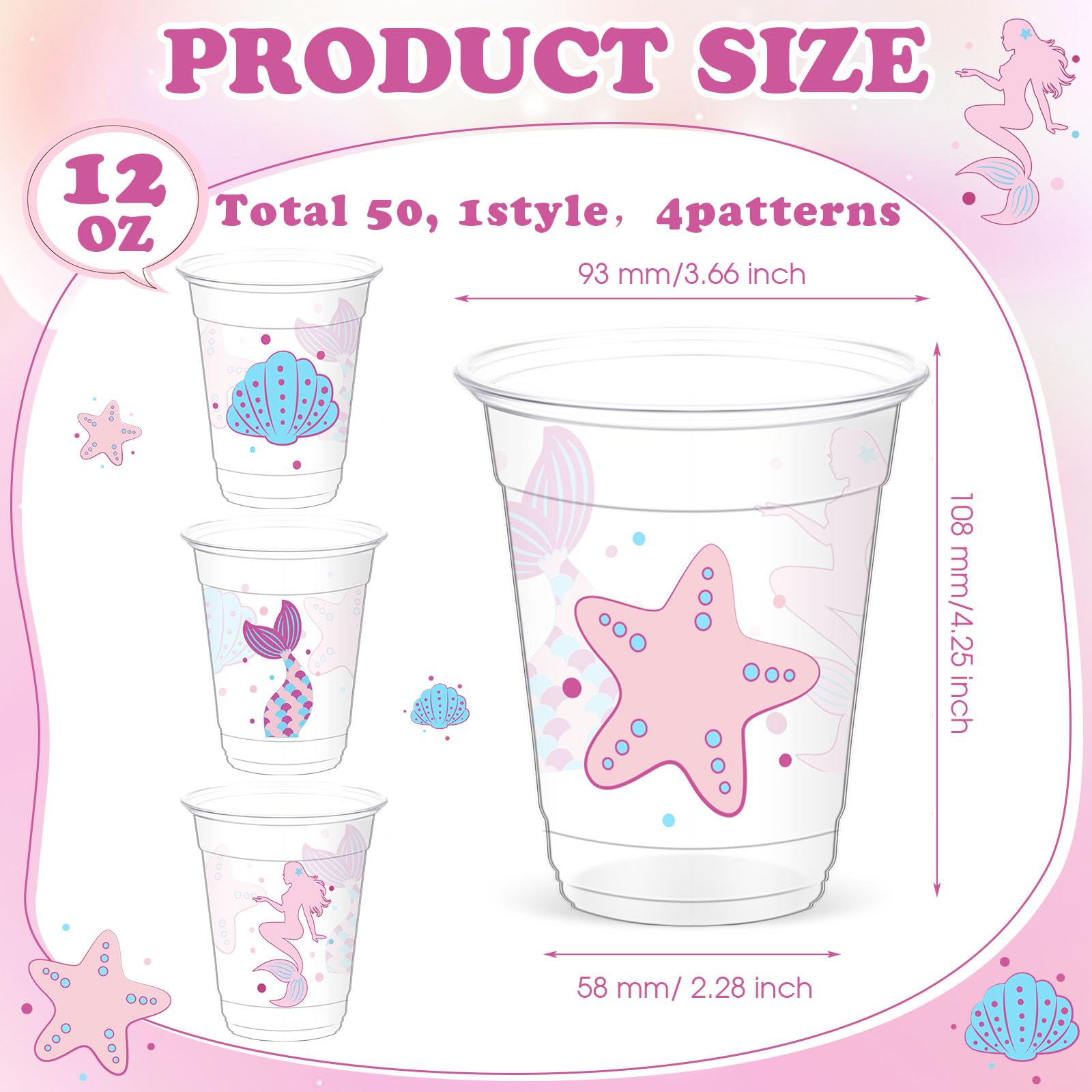 Yaomiao 50 Pieces Mermaid Party Cups Bulk 12 Oz Disposable Plastic Under The Sea Drinking Cups Mermaid Tail Shell Starfish Bever