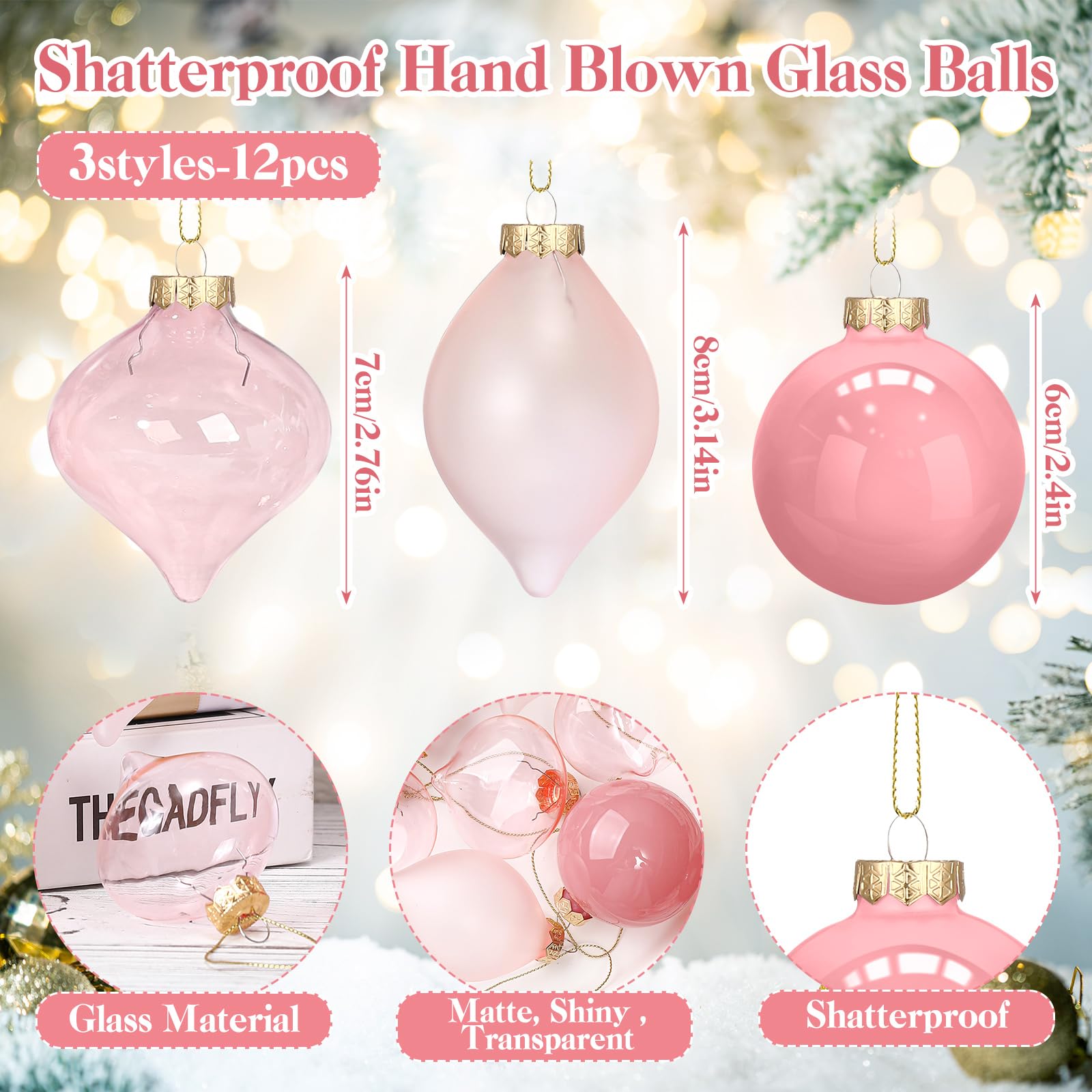 Zomiboo 12 Pcs Vintage Pink Glass Christmas Ball Ornaments Set 3.15 Hanging Shatterproof Glass Bulbs for Christmas Tree Baubles