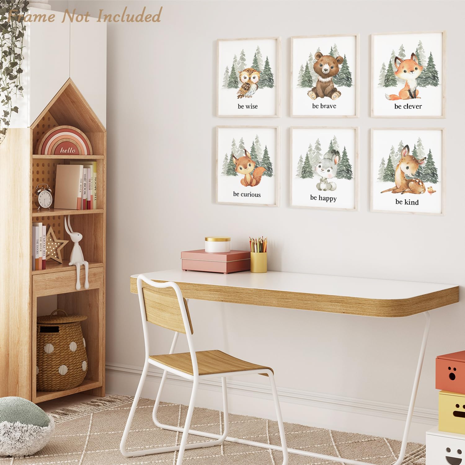 Dazzlewall 6 Pcs Nursery Animal Wall Art Poster Forest Deer Bear Fox Prints, Motivational Quotes Poster For For Baby Kids Room D