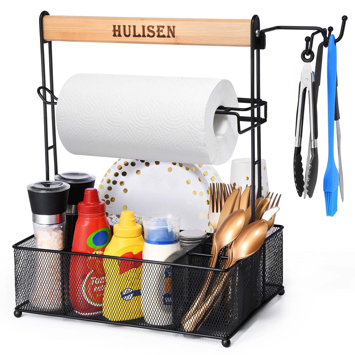 Hulisen Grill Caddy, Bbq Caddy With Paper Towel Holder, Utensil Caddy For Plates And Utensils, Picnic Condiments Caddy For Barbu