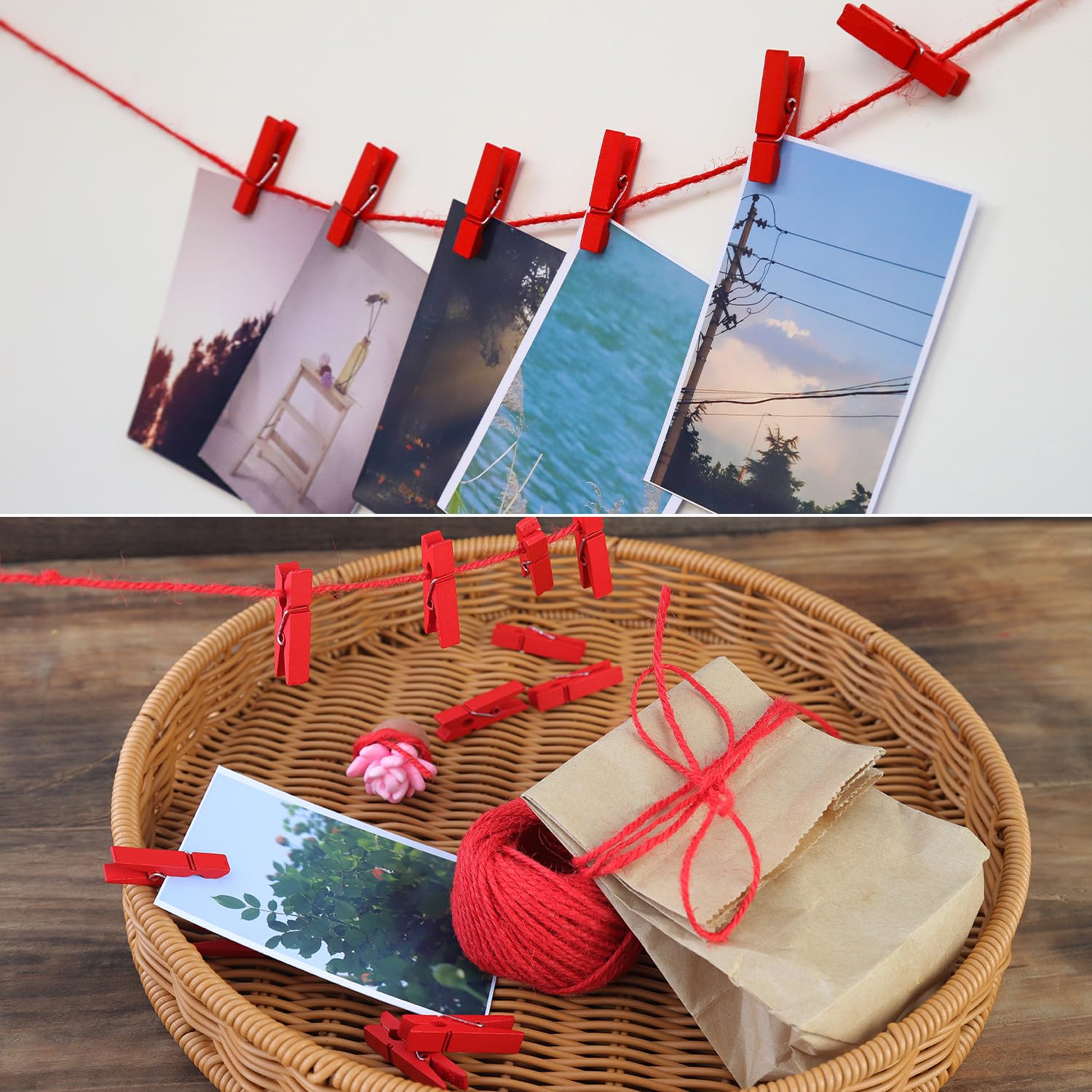 Hstech 100 Pcs Red Mini Natural Wooden Clothespins And 82 Ft Jute Twine, Baby Clothes Pins, 3.5 Cm Craft Photo Clips For Home Sc