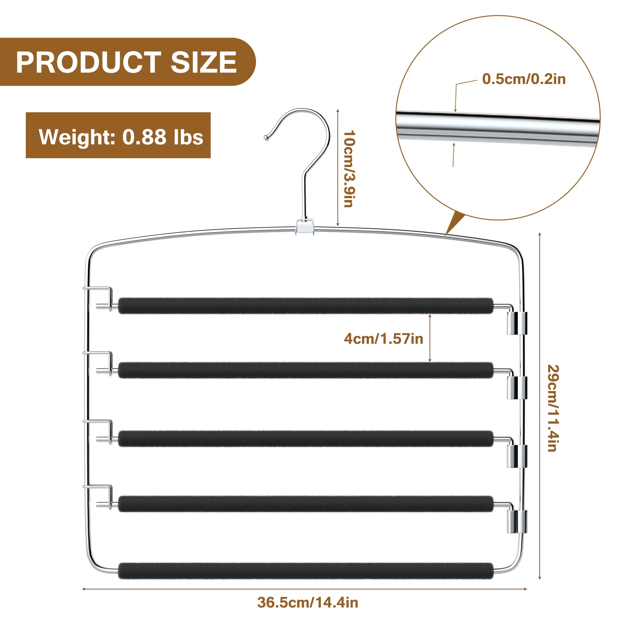 Cycleacc Pants Hangers Space Saving, 2 Pack Anti-Slip Space Saving Hangers, 5 Layer Swing Arm Pants Hanger Stainless Steel With