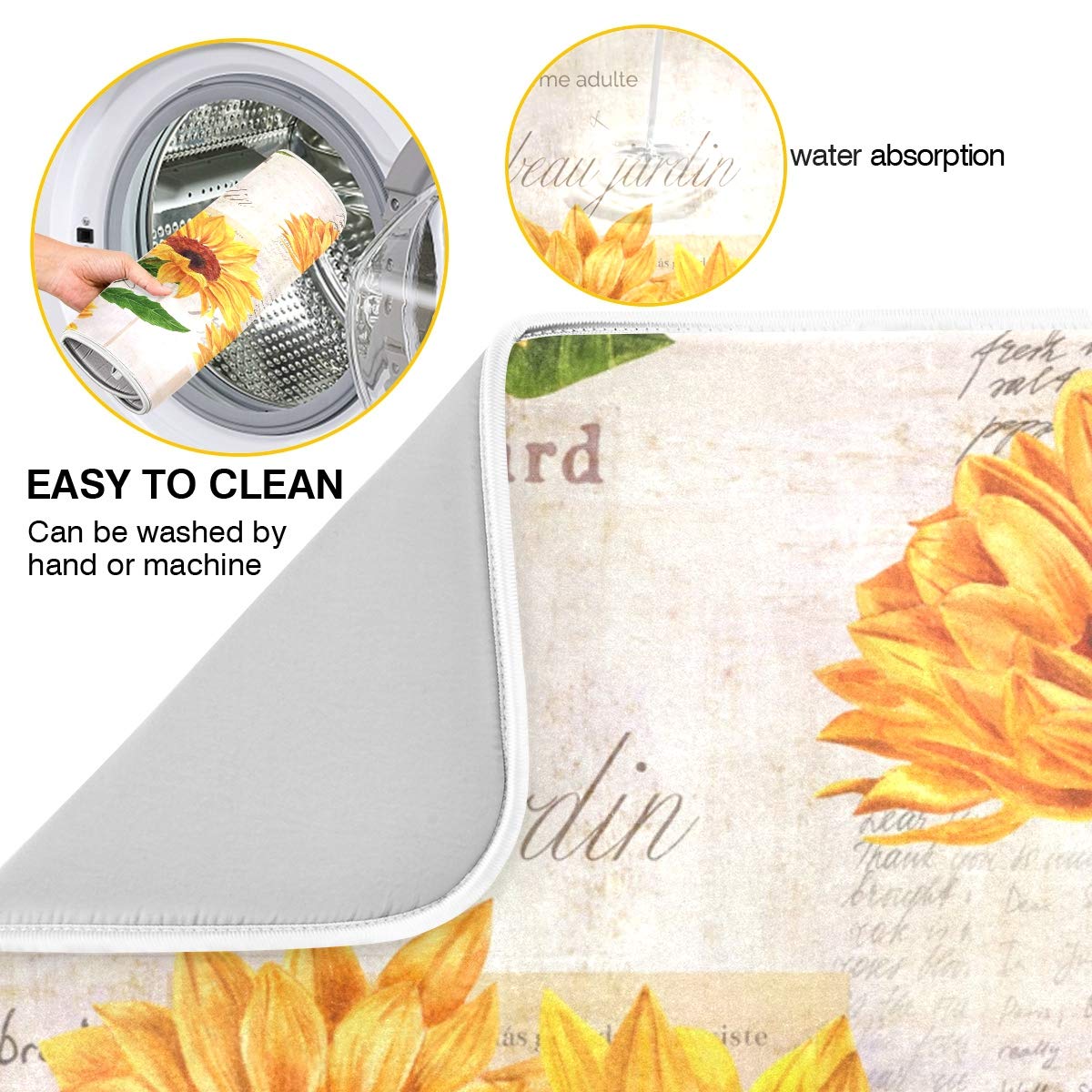 Qilmy Sunflowers Dish Drying Mat Water Absorption Tableware Drying Mat For Kitchen Countertop Home Decoration, 16 X 18 Inch Non