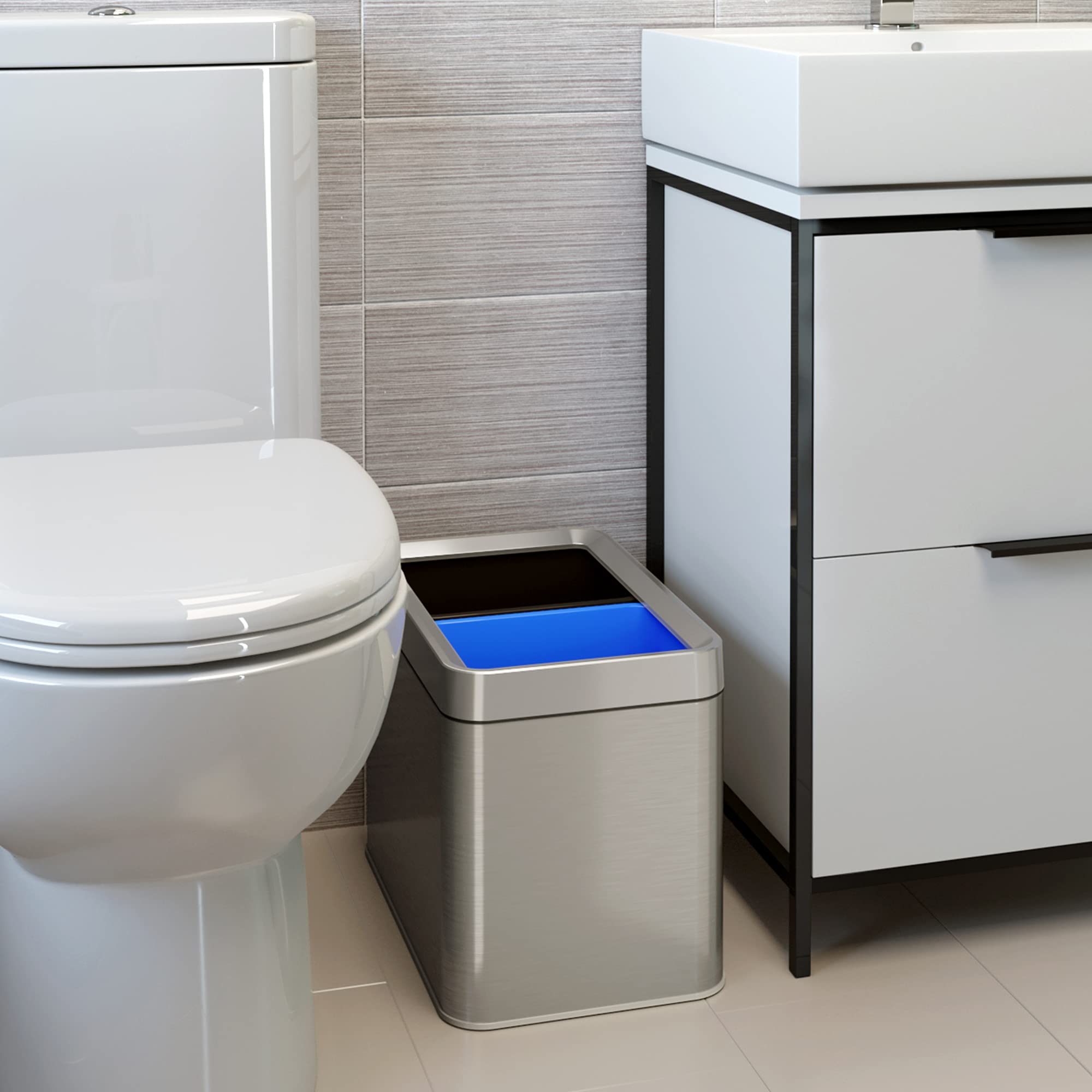 Itouchless 20 Liter / 5.3 Gallon Open Top Waste Trash Can & Recycle Bin With 2 Recycle Stickers, Dual Compartment Slim Stainless