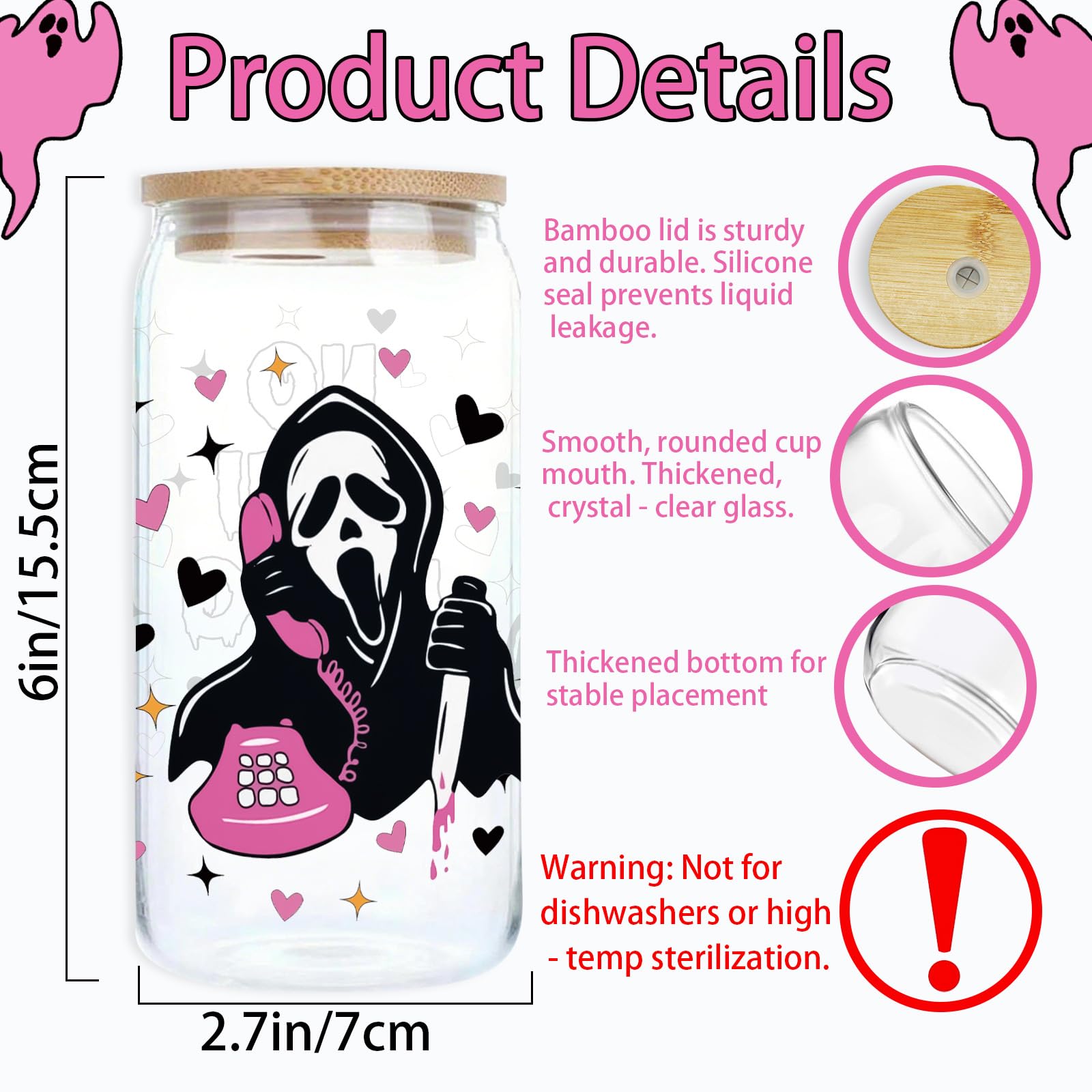 qiyeyeye 16oz Halloween Ghost Glass Cups with Lids and Straws, Cute Scream Skull Themed Pattern. Iced Coffee Tumblers,Halloween