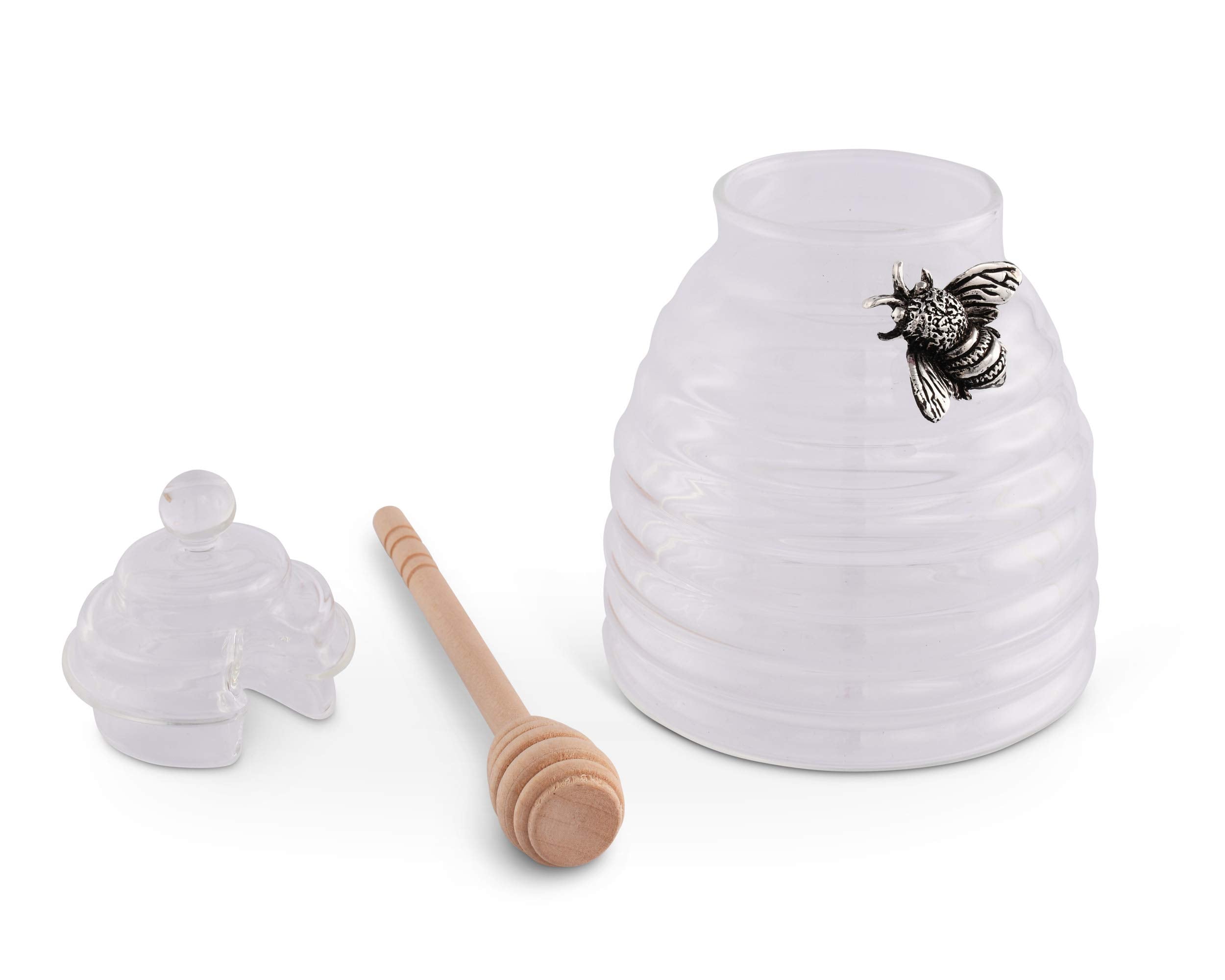 Arthur Court Bee Honey Jar And Dipper Set - Beehive Honey Dispenser For Storing Honey And Syrup - Wooden Honey Dipper, Great As