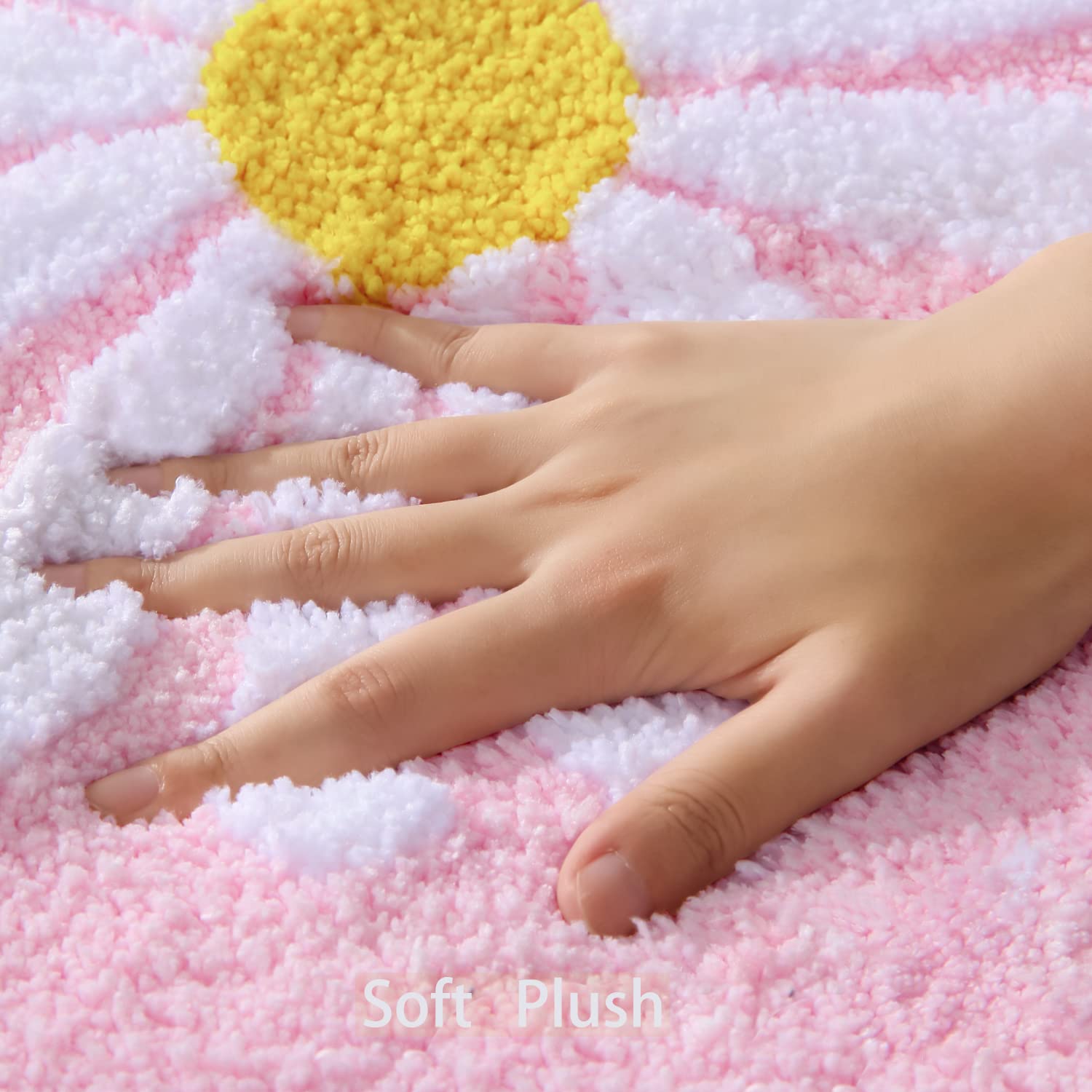 Qjhomo Bathroom Rugs Sets 2 Piece, Cute Daisy Bath Mat Pink Toilet Rug U Shaped, Flower Deocr Bathroom Set Non Slip Contour Bath
