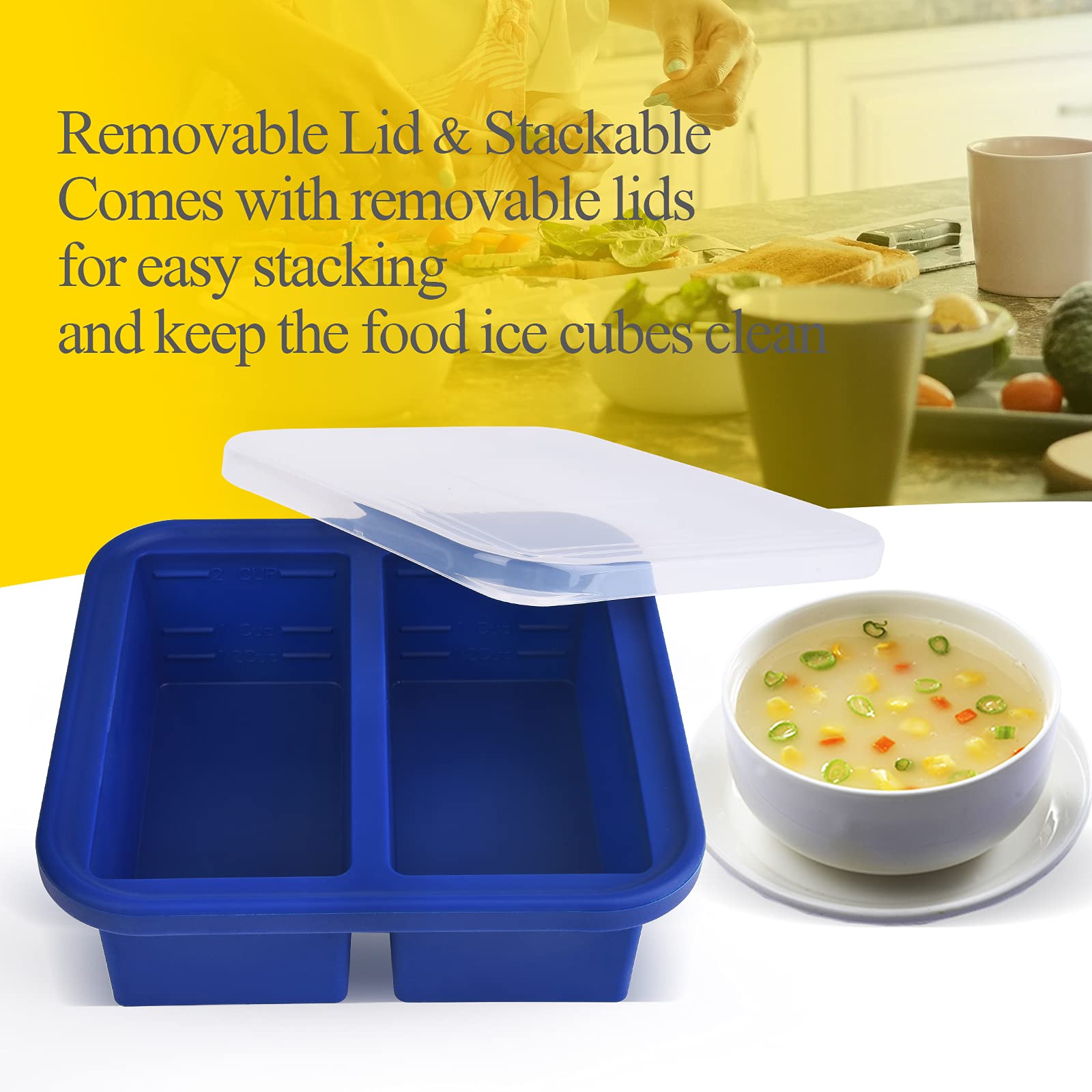 Kinggrand Kitchen 2-Cup Silicone Freezer Tray With Lid - 1 Pack - Make 2 Perfect 2-Cup Portions - Easy Release Molds For Food St