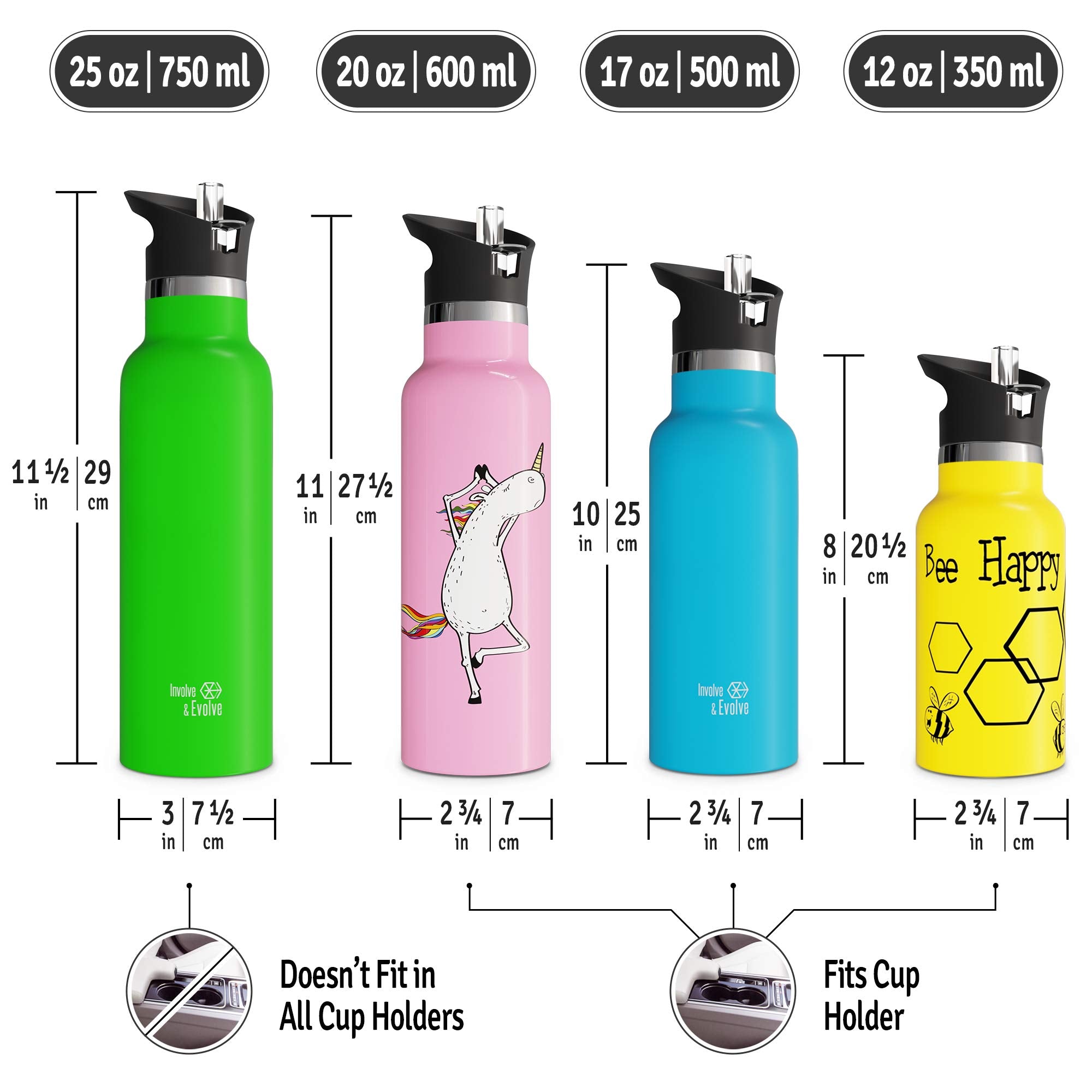 Involve & Evolve Insulated Water Bottle with 3 Lids (Straw Lid) Kids Reusable Double Walled Stainless Steel Flask Metal Tree of Life Thermos 12oz 17oz 20oz 25oz (20 oz White)