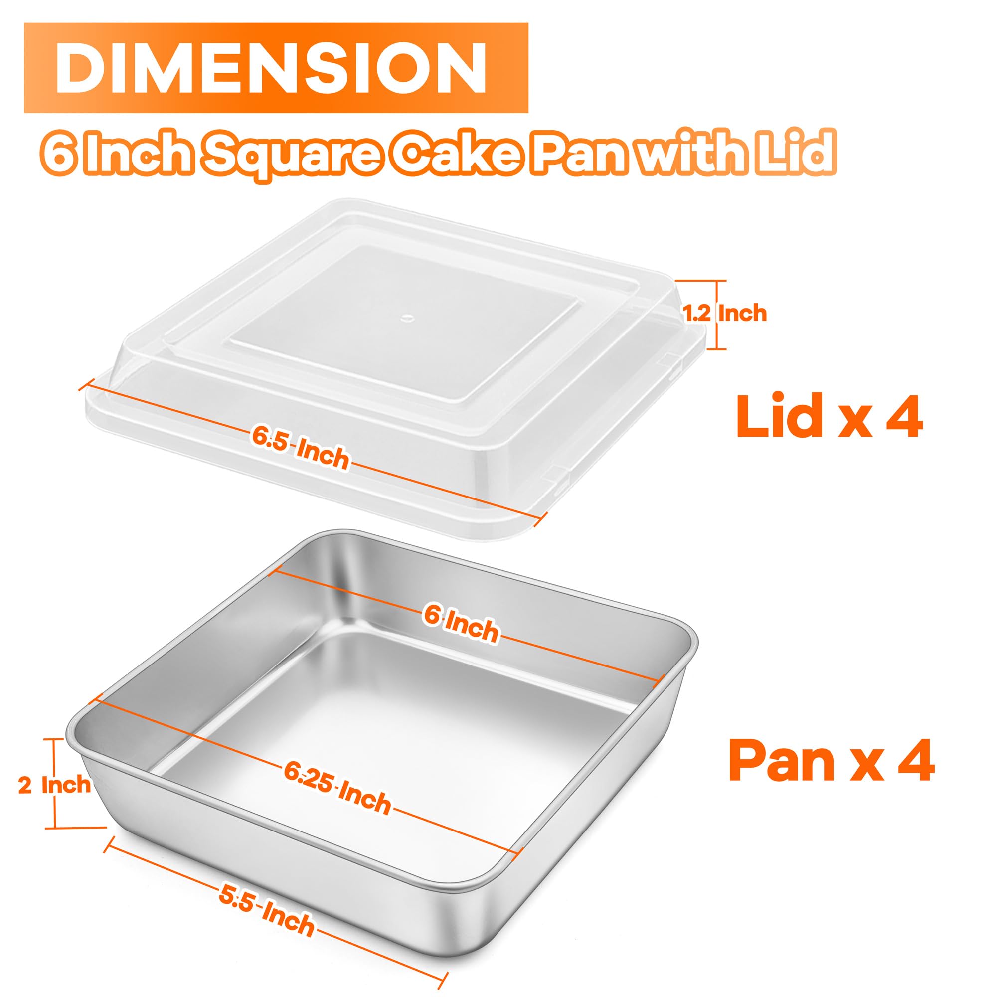 Teamfar Square Cake Pan, 6 Inch Stainless Steel Mini Square Lasagna Brownie Pan With Lid For Baking Roasting, Non-Toxic & Heavy