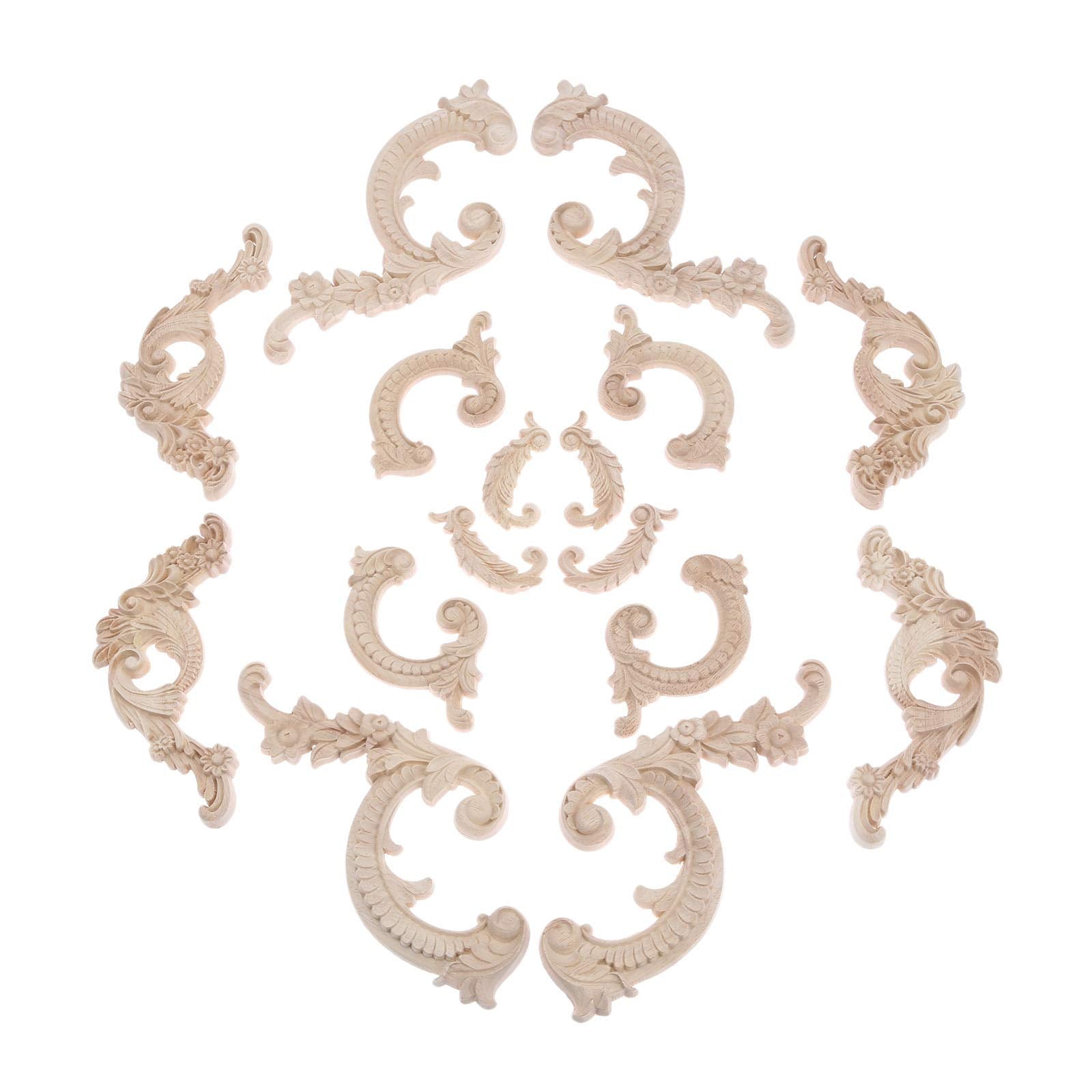 Wood Carved Appliques Wooden Onlays  2 Pairs Unpainted Decorative Carving Furniture Decals Frame Decor for Door Wall Cabinet Dresser Fireplace Ceiling Bed Home DIY Project  14x8cm/5.51''x3.15''