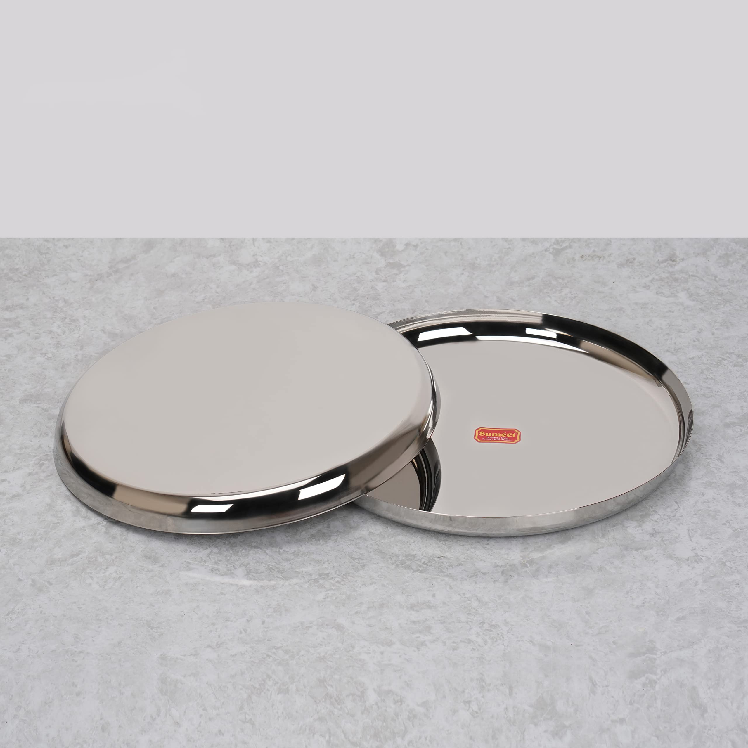 Sumeet Stainless-Steel Apple Shape Heavy Gauge Dinner Plates with Mirror Finish-34.6cm Dia, Set of 2pc, Silver