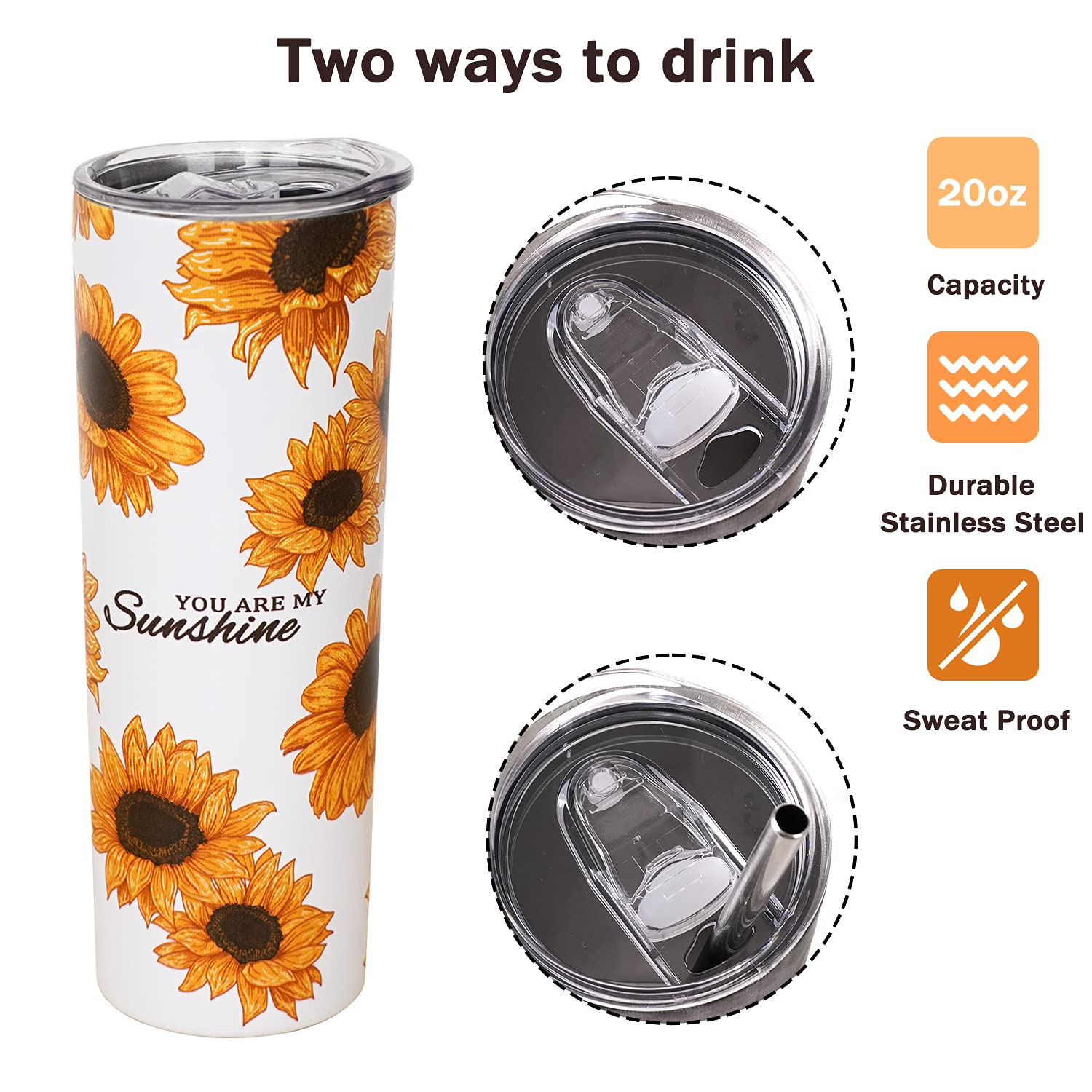Sunflower Tumbler,Tumbler With Lid And Straw-You Are My Sunshine-Birthday Gifts For Women Mom Daughter Girlfriend Teenage Girls