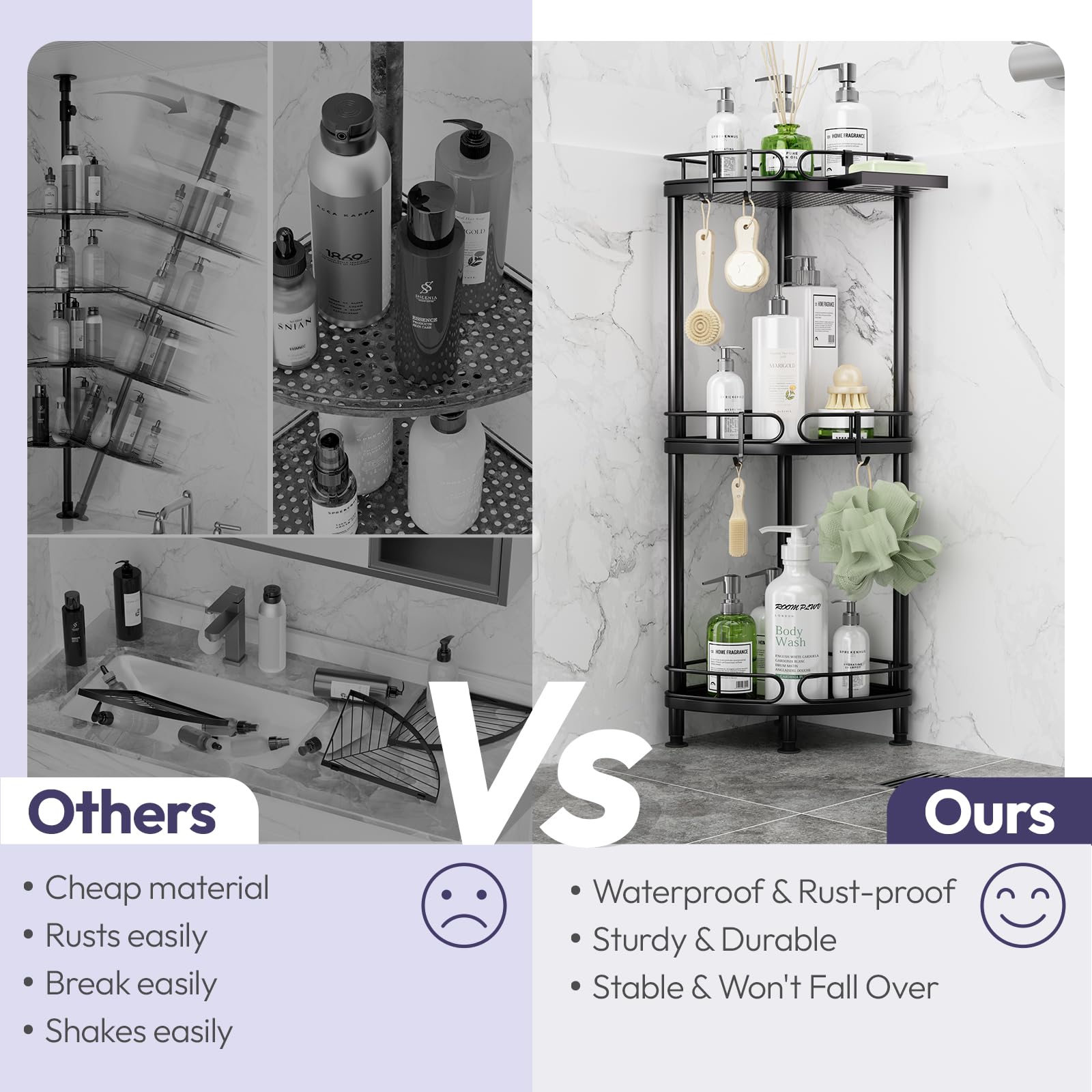 Swtymiki Corner Shower Caddy Standing - 3 Tier Corner Shelf Stand Shower Organizer With Soap Holder, Rust Proof Freestanding Flo