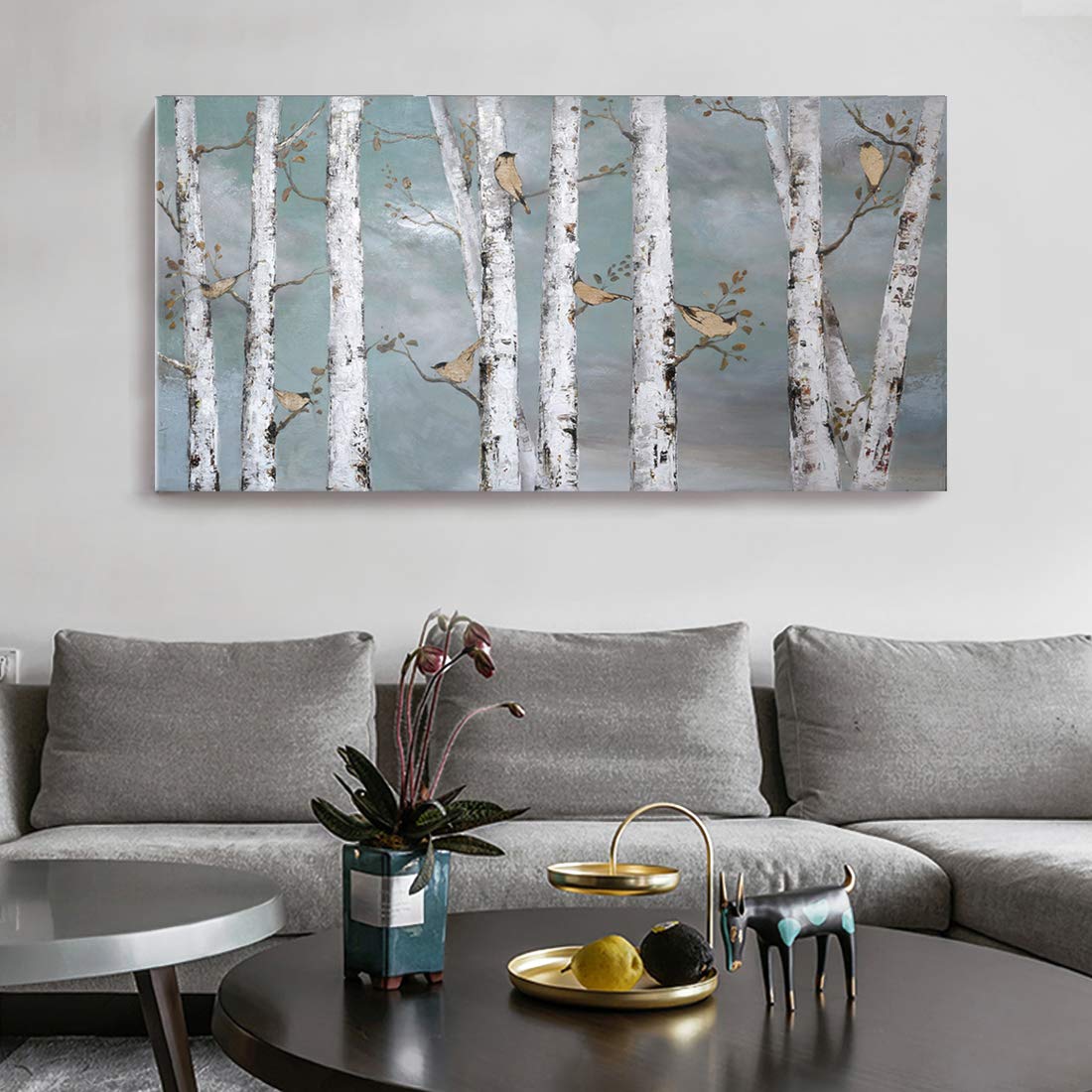 Large Tree Wall Art Hand-Painted Landscape Forest Oil Painting Gallery Wrapped Framed Canvas Bird Birch Artwork 'White Birch At