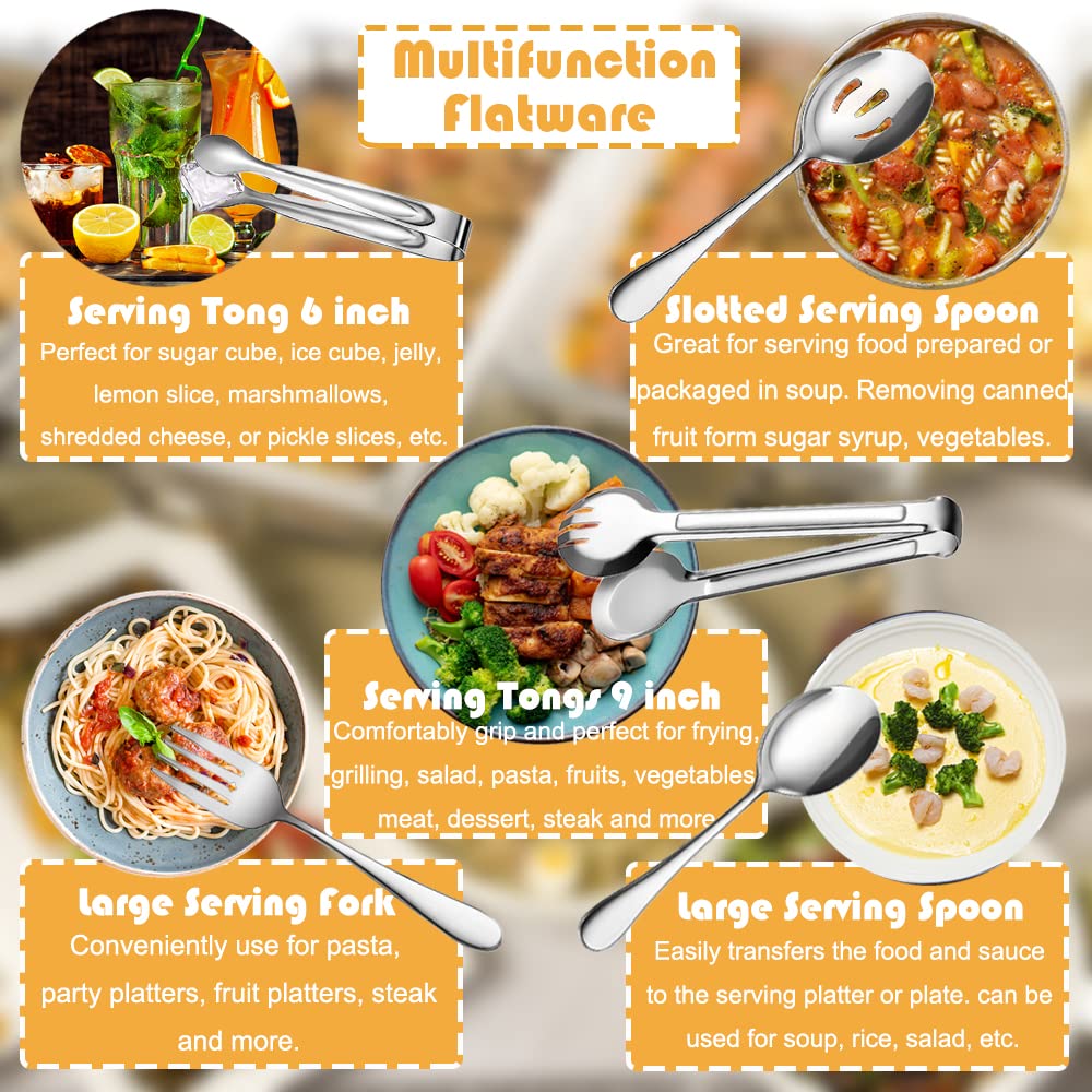Iaxsee 10 Pcs Stainless Steel Serving Utensils, Large Serving Spoons Slotted Spoons, Serving Forks, Serving Tongs, Ice Suger Ton