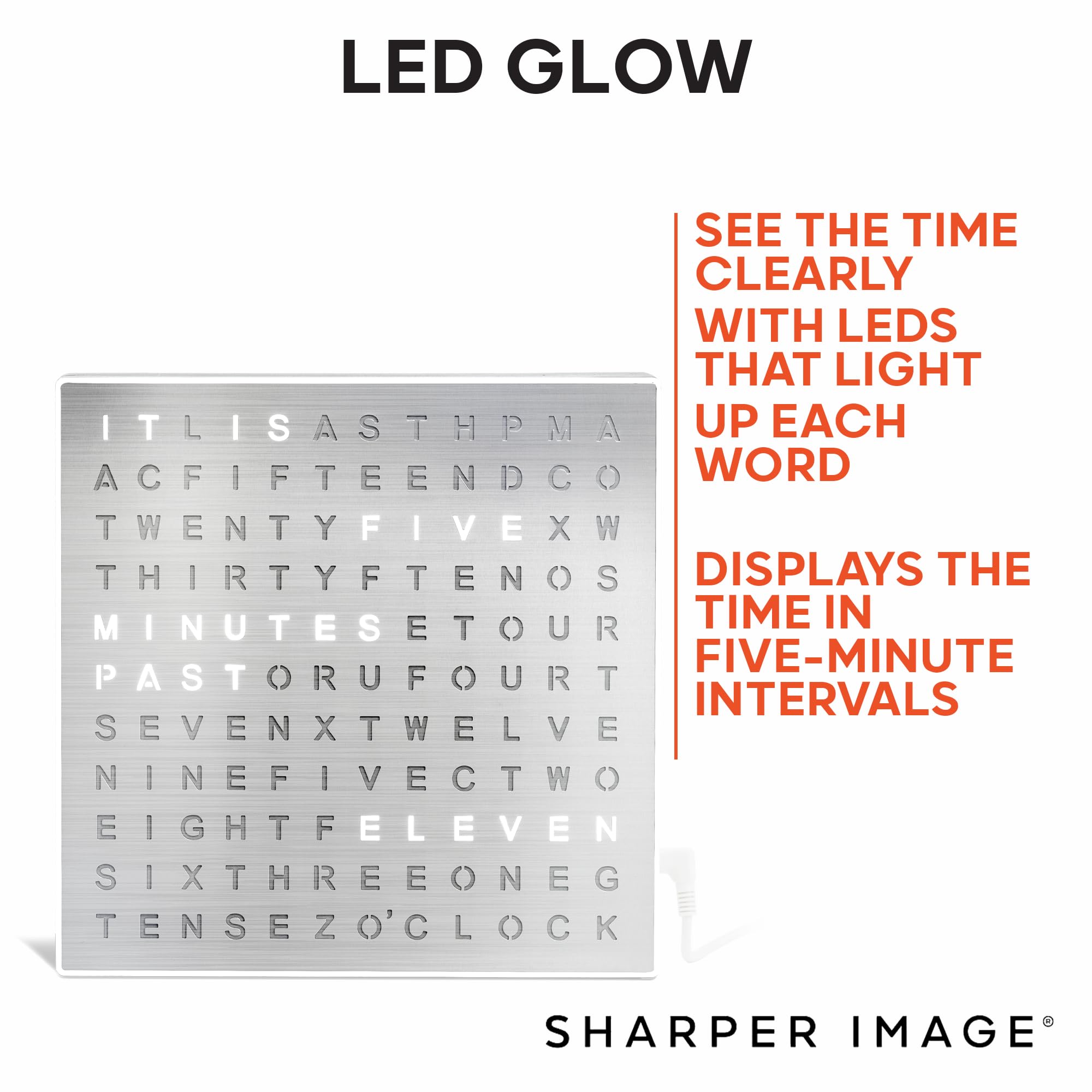 Sharper Image LED Word Clock - 7.75 Light-Up Digital Clock for Desk & Wall| Modern Time Display Accent Clock| Unique Home Office