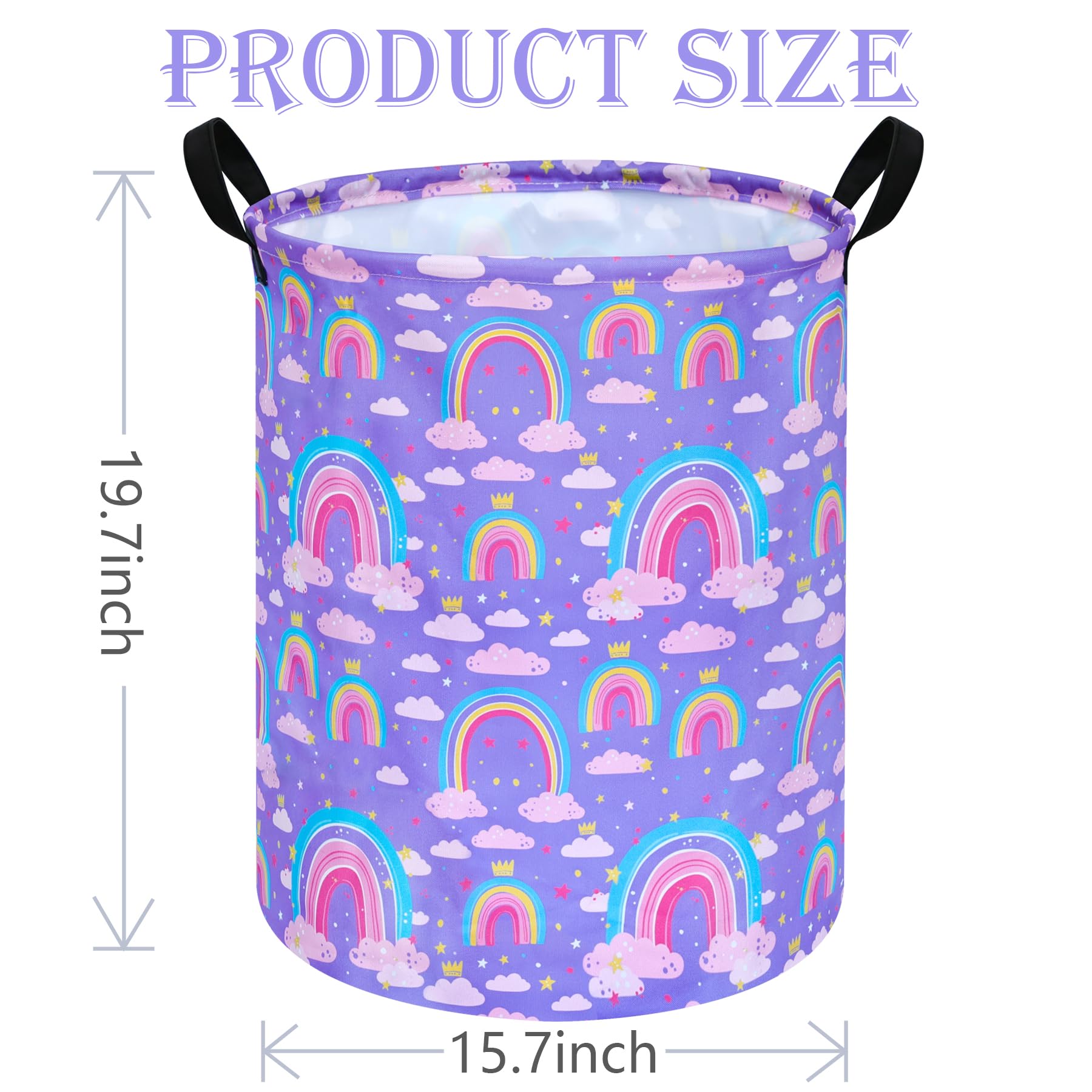 Acmuuni 19.7 Inch Purple Rainbow Round Kids Round Laundry Clothes Hamper Dino Laundry Basket With Handles,Baby Toys Storage Orga