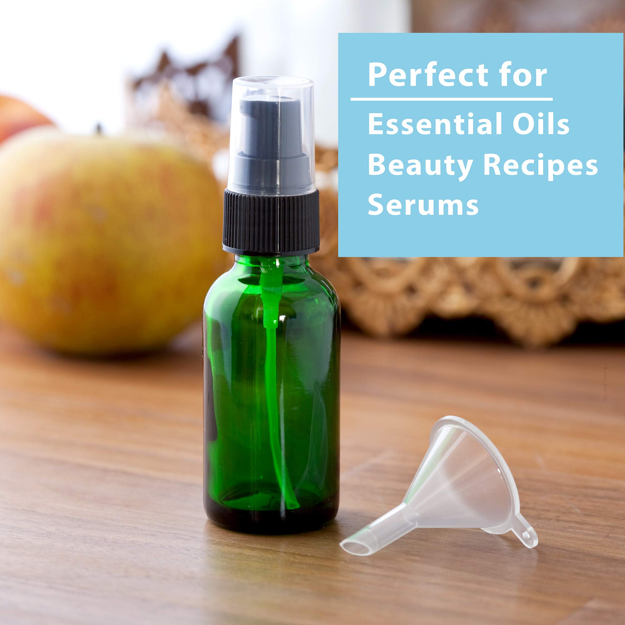 Juvitus 1 Oz / 30 Ml Green Glass Boston Round Bottle With Black Treatment Pump (12 Pack) + Clear Travel Bag And Funnel