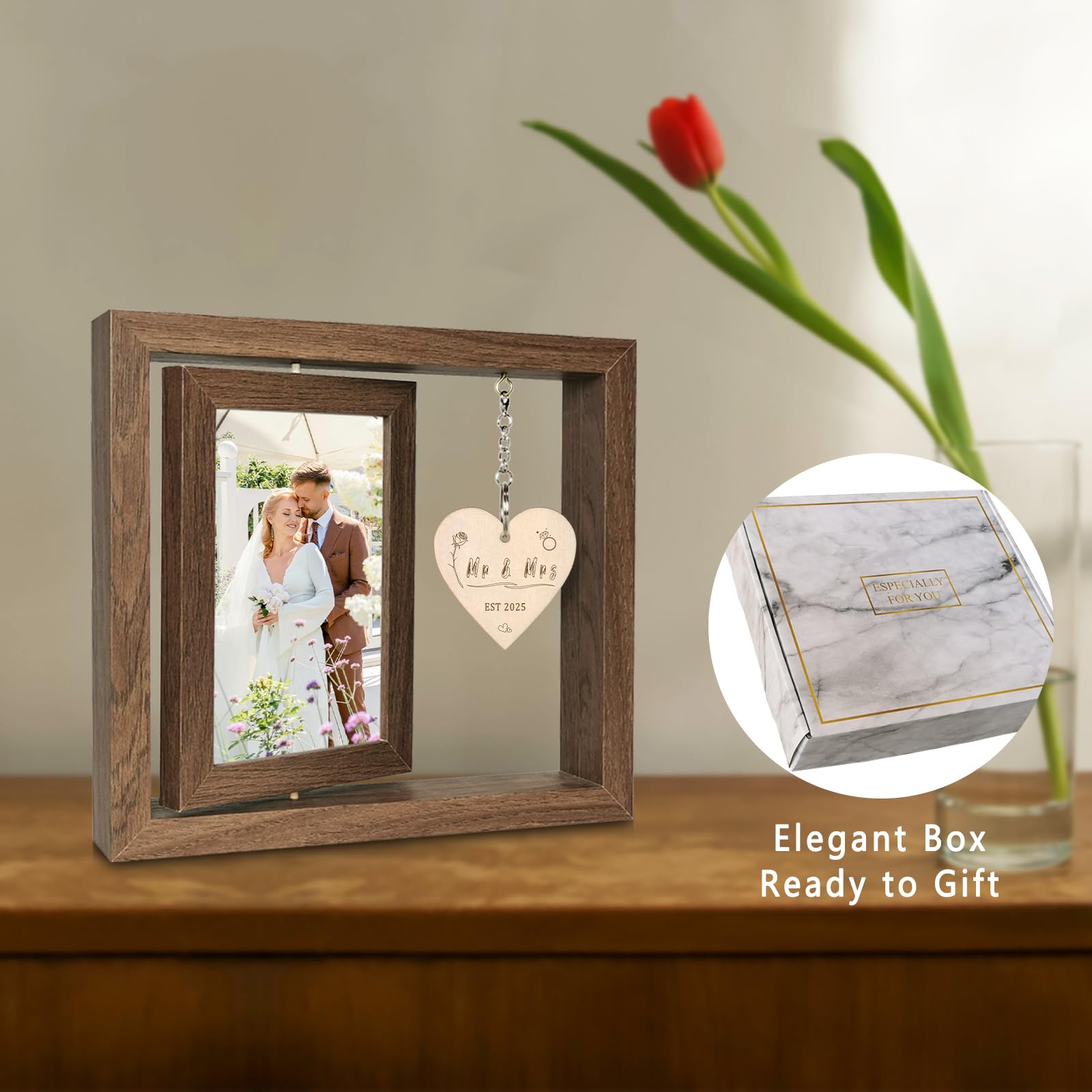 EYITUPC Rotating Floating Mr & Mrs EST 2025 - Let the Adventure Begin Picture Frame, Wedding Bridal Shower Gifts for Bride Newly